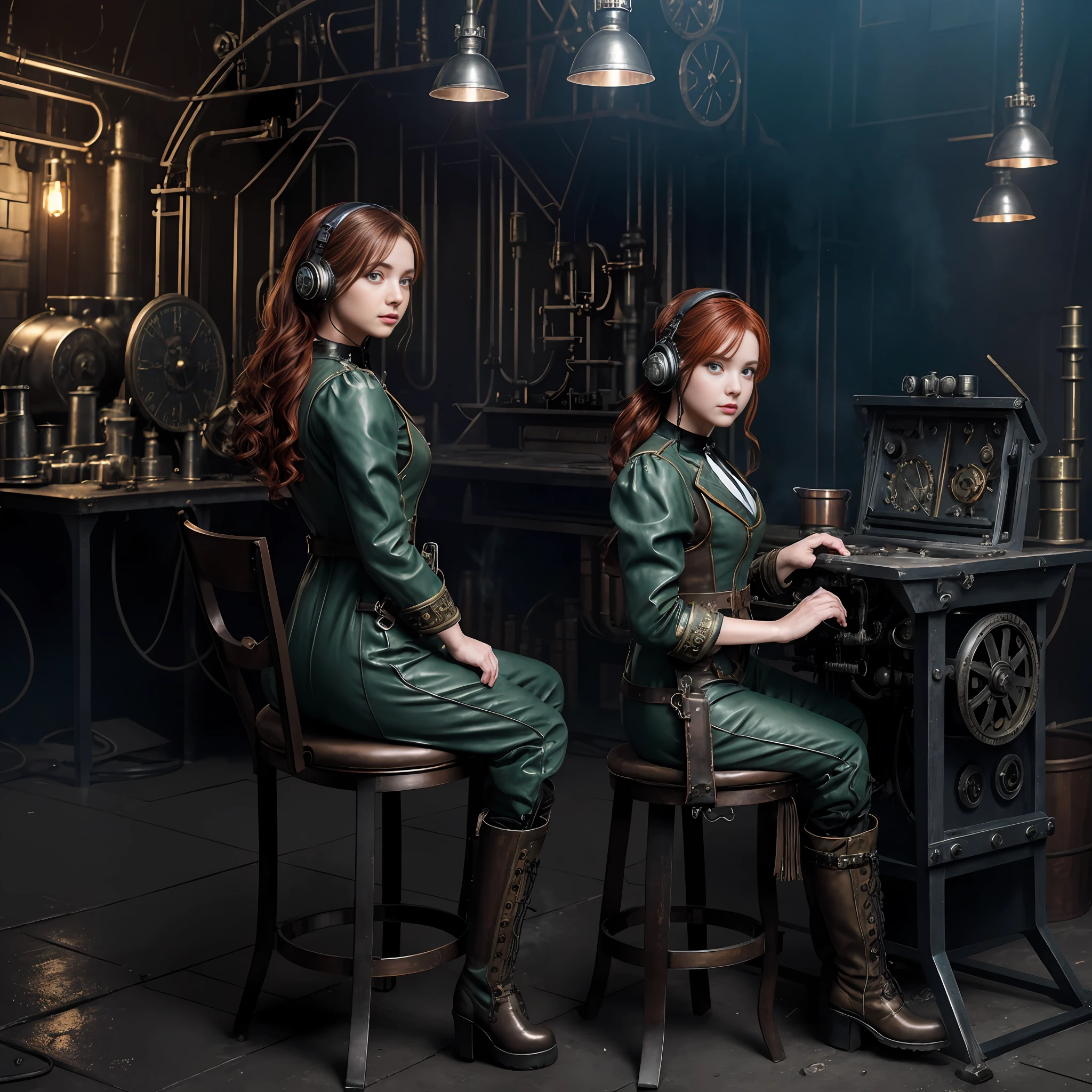 photorealistic, perfect anatomy, realistic character, hyper photorealism, very high contrast lighting, street photography, cinematic lighting, dramatic lighting, shot from the back, (((a girl on a chair is repairing a machine in the steamy smoky workshop))), (a 19 yo girl, (Ana de Armas:0.70), (redhead:1.1)), very cute, (perfect eyes:1.1), photorealistic wavy hair, a girl in a steampunk jumpsuit in light gray color, intercom headset, steampunk choker, long leather boots, perfect detailed face, detailed symmetric green eyes with circular iris, fixing a steam engine in the steampunk garage filled with steam and smoke, cogs and gears, steamy background with lots of steam pipes and steam valves and pressure gauges and gears, intricate background, very highly detailed costume, very highly detailed background, steampunk fantasy style, steampunk , steampunk aesthetic, steamy, smoky