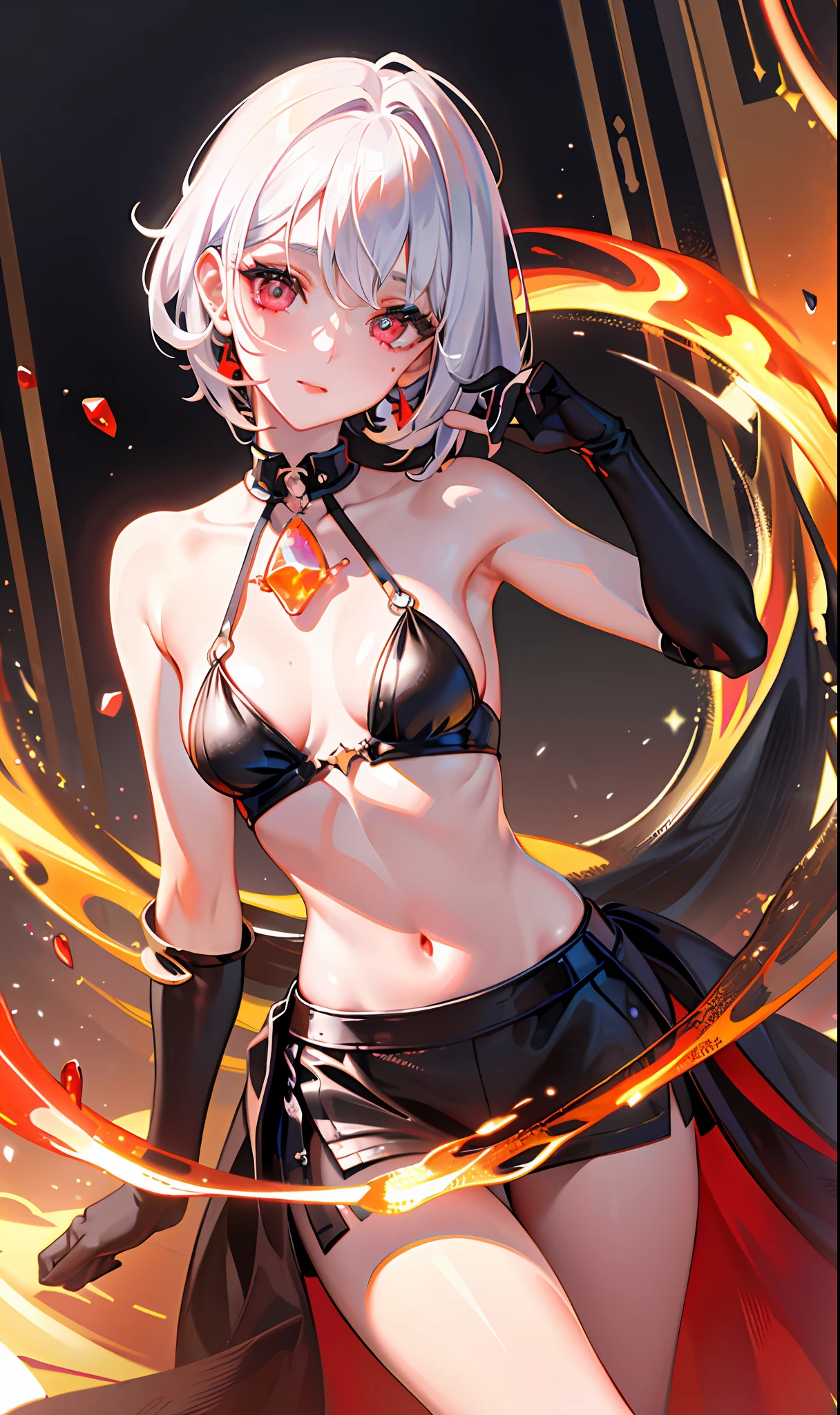 (Masterpiece, Side Light, Fine Beautiful Eyes: 1.2), (Masterpiece * Portrait), Portrait, (Bust), Realistic, 3D Face, Sweet Skin, (Solo), (Close-up of Face), (Fire Opal Like Scarlet Eyes), Hanging Corner of the Eye, ((High Detail Skin, Visible Pores)), (Perfect Figure), A Beautiful Girl, Small Breasts, ((Saint College - Disciplinary Department)), (Neck Ring), (Short Glove as Short as Half the Palm)