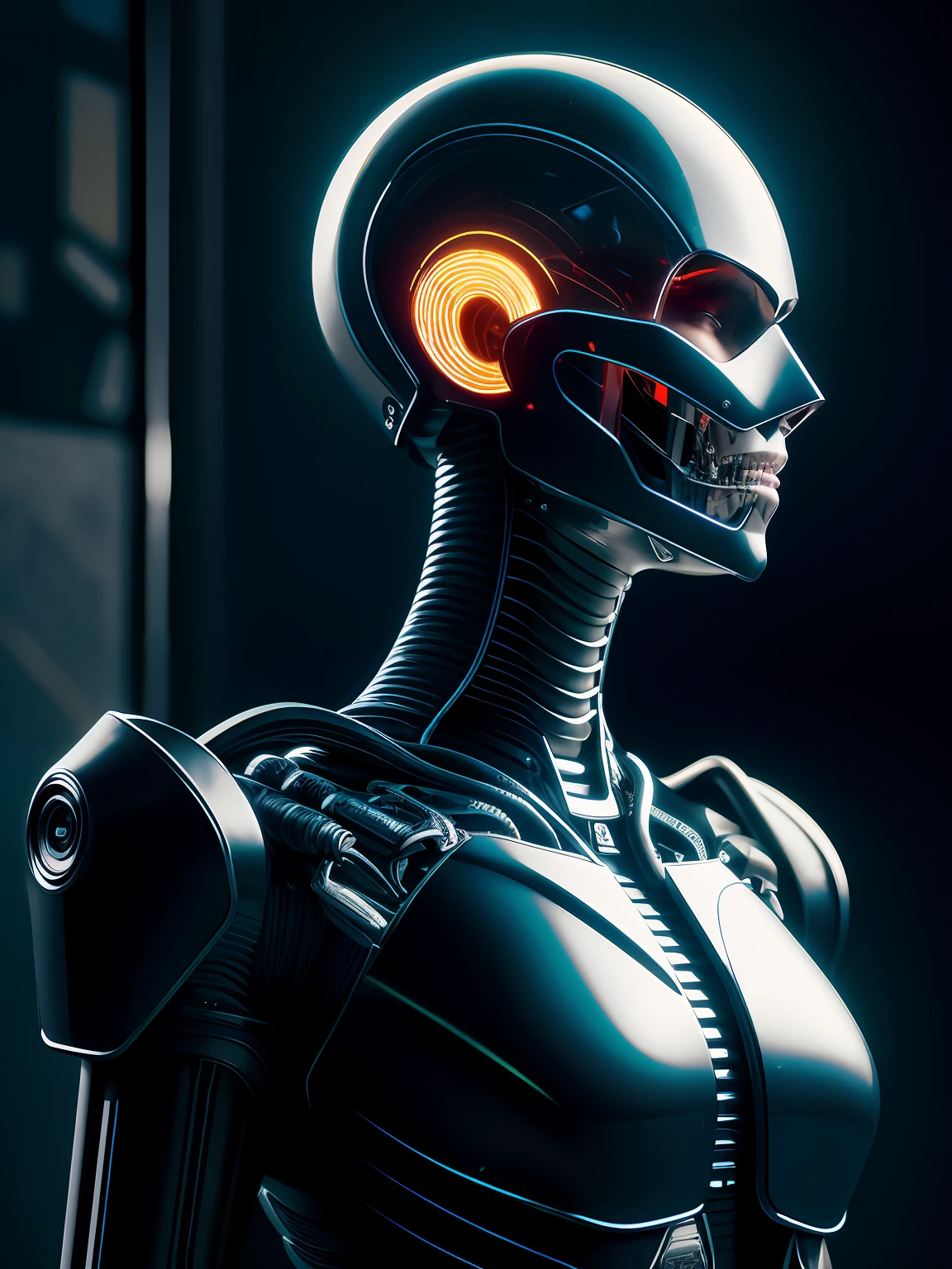 complex 3d render ultra detailed of a beautiful porcelain profile woman android upper body, closed mouth, cyborg, robotic parts, 150 mm, beautiful studio soft light, rim light, vibrant details, luxurious cyberpunk, lace, hyperrealistic, anatomical, facial muscles, cable electric wires, microchip, elegant, beautiful background, octane render, H. R. Giger style, 8k, best quality, masterpiece, illustration, an extremely delicate and beautiful, extremely detailed ,CG ,unity ,wallpaper, (realistic, photo-realistic:1.37),Amazing, finely detail, masterpiece,best quality,official art, extremely detailed CG unity 8k wallpaper, absurdres, incredibly absurdres, robot, silver halmet, full body,