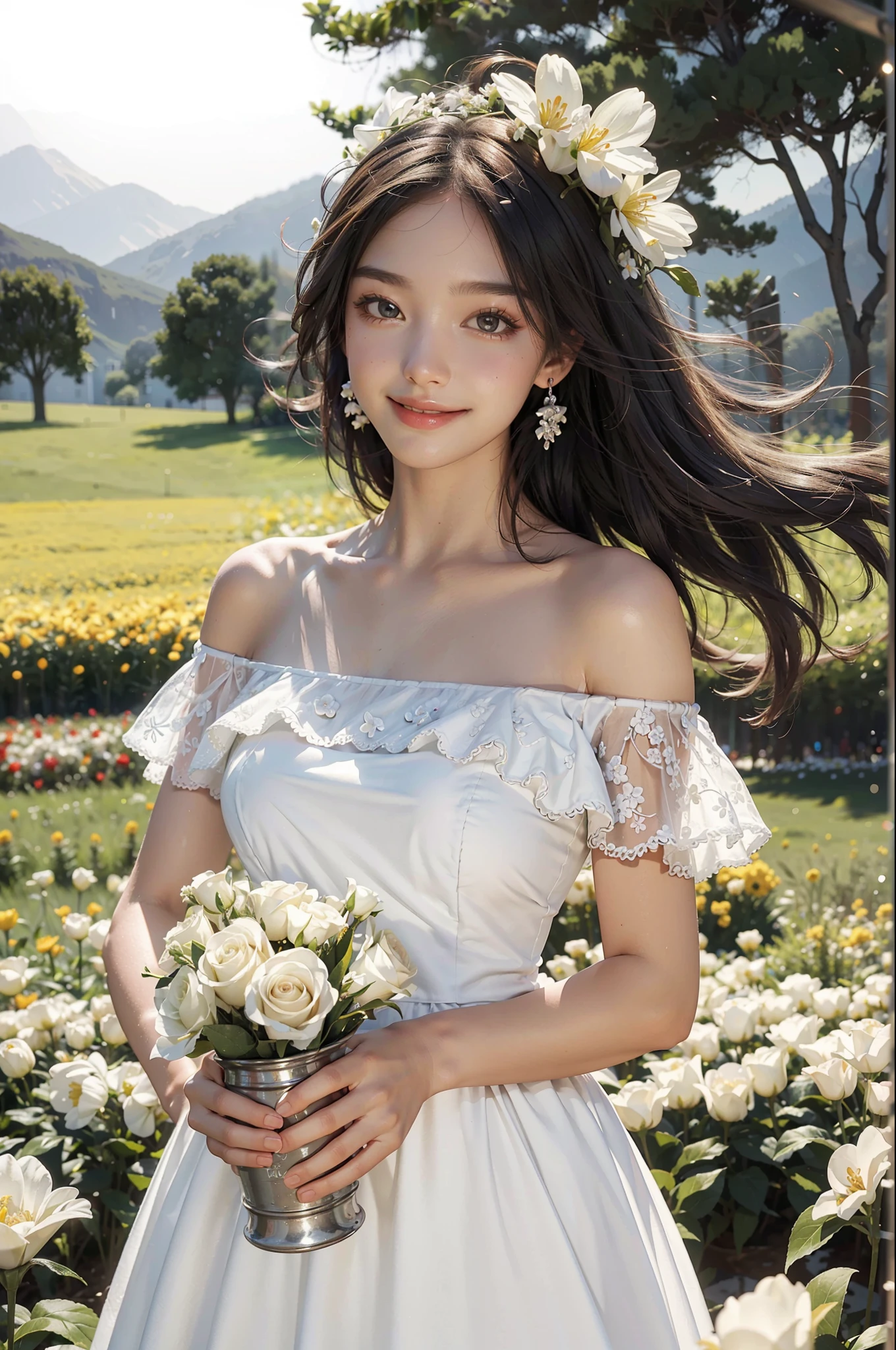 Best quality, masterpiece, super high resolution, 1girl, white dress, off-the-shoulder, blooming flower field, glowing skin, light smile