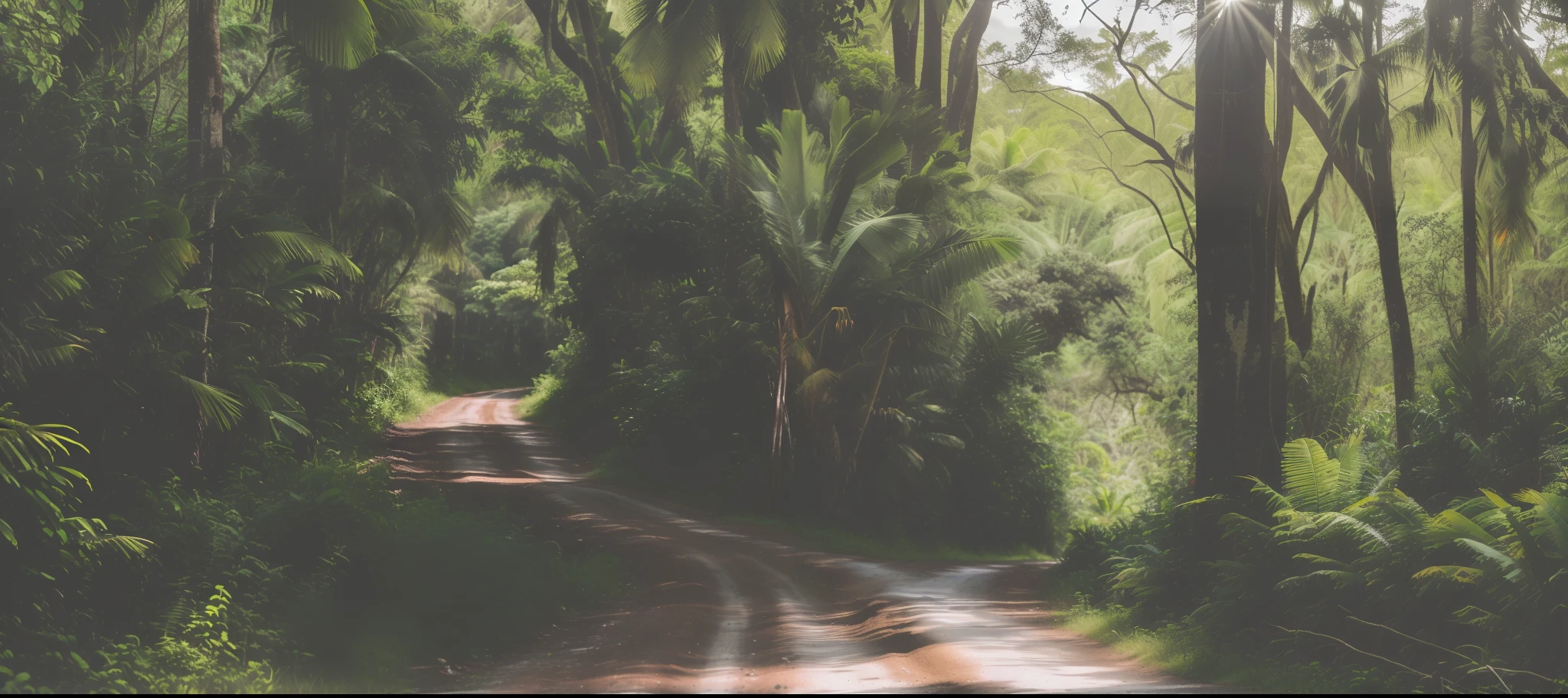 there is a dirt road that is surrounded by tropical trees and bushes, ligjt trail, hiking trail, on forest path, forest trail, with lots of vegetation, medium wide shot, captured with sony a3 camera, high light on the left, wide shot photo, view from the distance, a wide full shot, taken with sony a7r camera, wooded environment