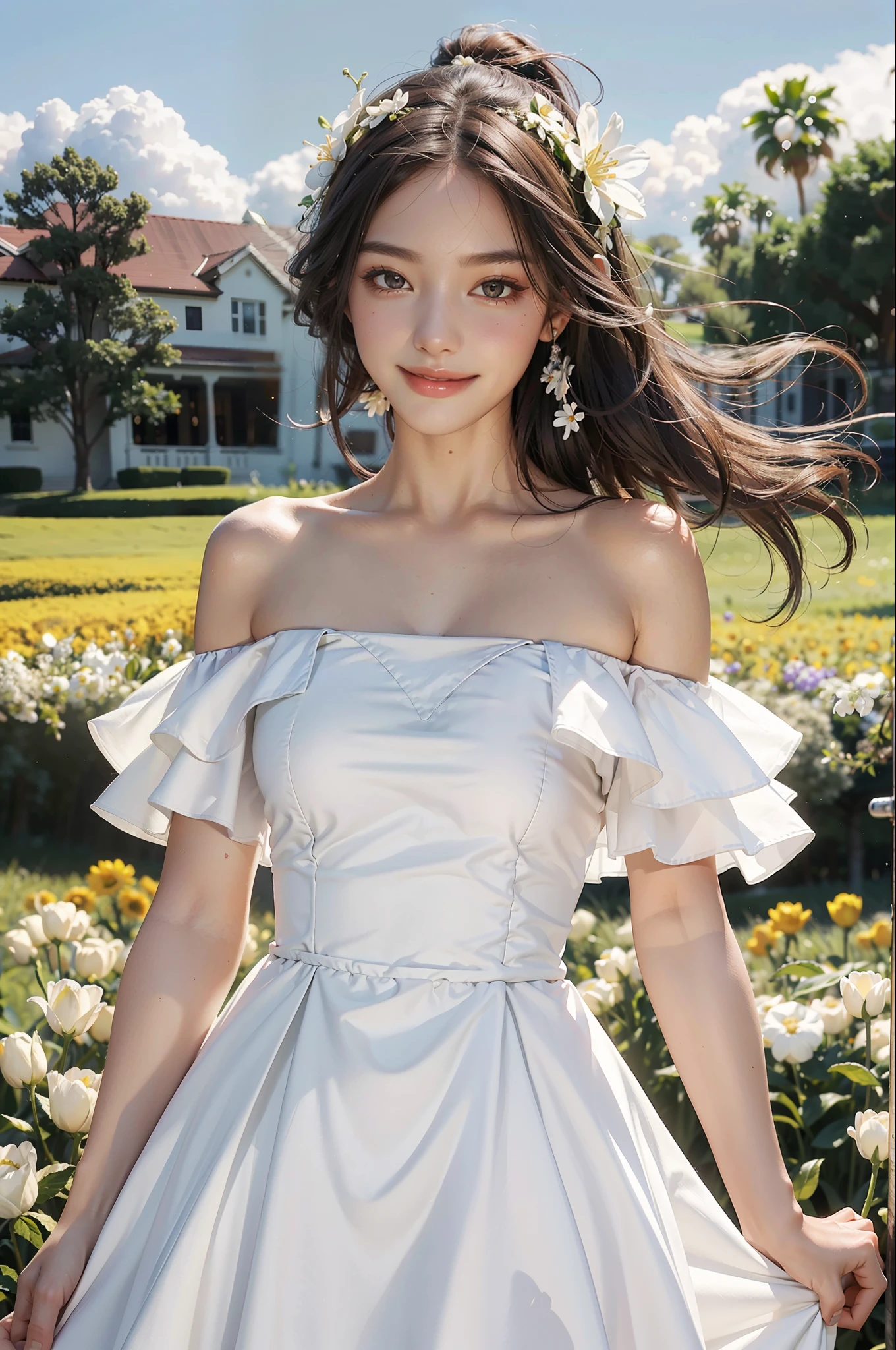 Best quality, masterpiece, super high resolution, 1girl, white dress, off-the-shoulder, blooming flower field, glowing skin, light smile