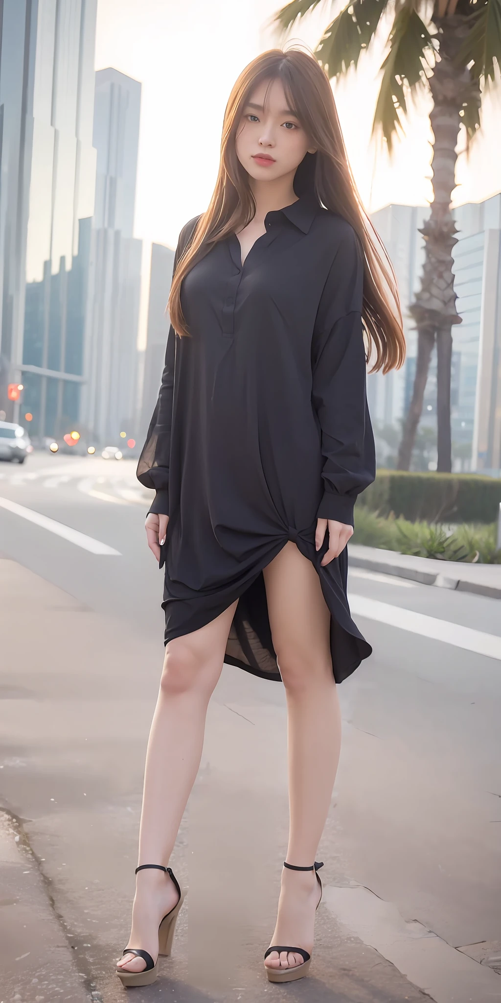 mix4, 20d, solo, long_hair, shirt, dress, high_heels,full_body, look_at_viewer, (8k, RAW photo, best quality, masterpiece:1.2), (realistic, photo-realistic:1.37), professional lighting, photon mapping, radiosity, physically-based rendering,