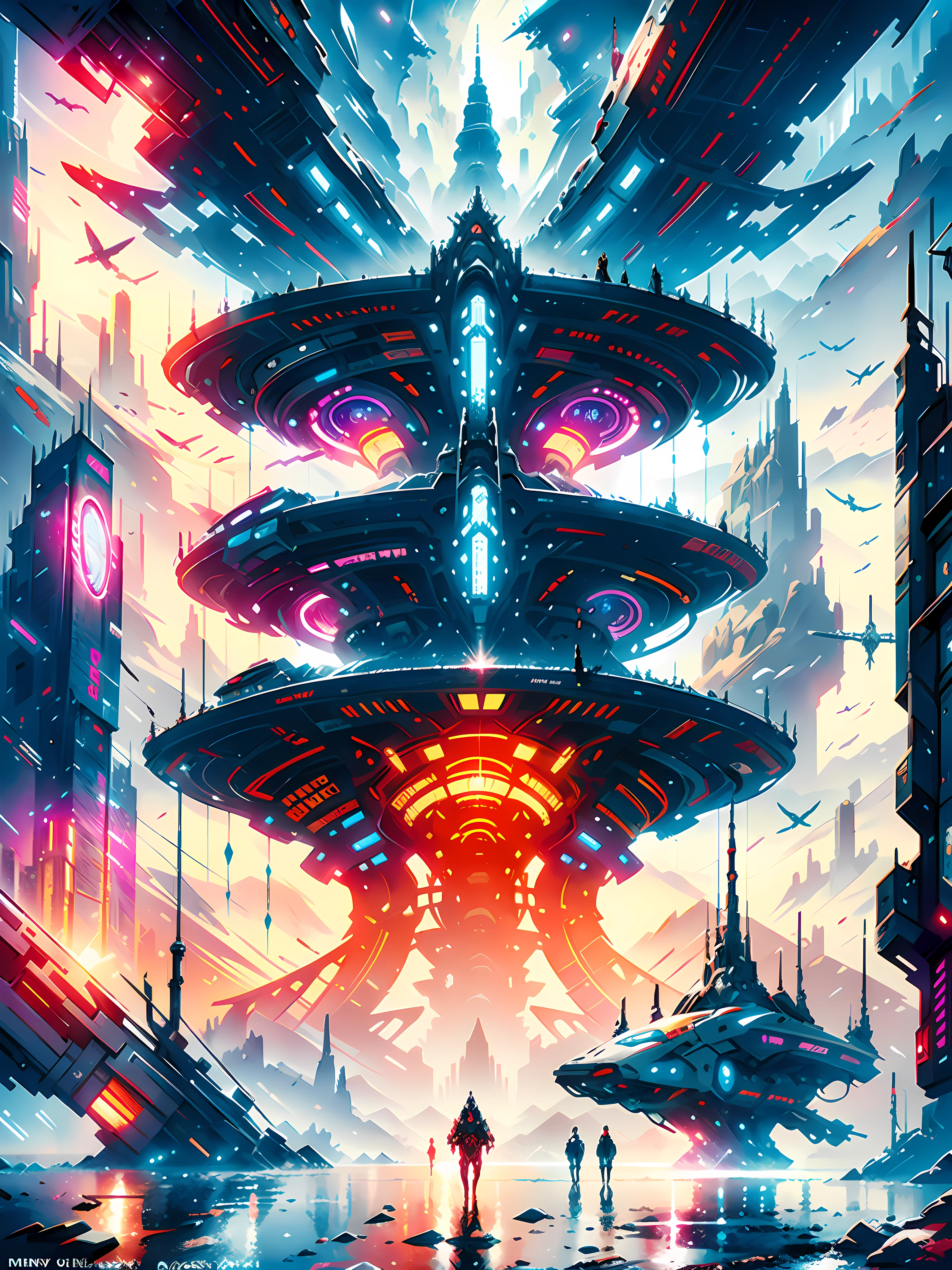 a poster of a woman standing in front of a giant futuristic mechanical structure, bastien grivet, 4k highly detailed digital art, intricate futurism, 4k detailed digital art, BREAK high quality digital concept art, symmetrical epic fantasy art, symmetric concept art, epic fantasy sci fi illustration, 4k solarpunk wallpaper, detailed sci-fi art, futuristic art style