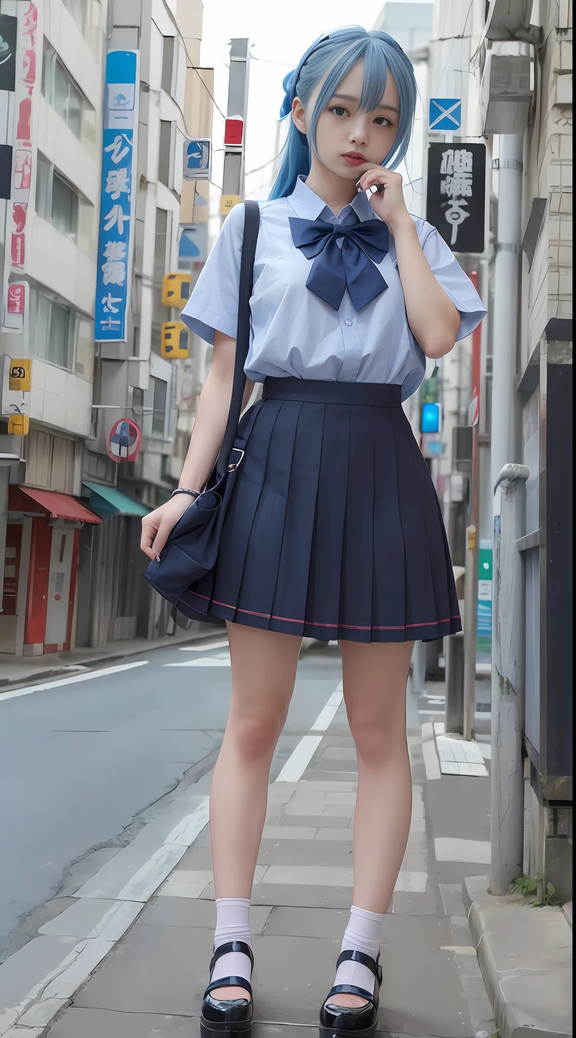 (8k, RAW photo, best quality, mastery:1.3),(realistic,photo-realistic:1.37),(looking viewer:1.331),(blue hair),posing,Tokyo street,cyberpunk city,soft light,1girl,extremely beautiful face,hands down,casual hairstyle,casual expression, Big eyes, lower abdomen, (short sleeves JK_shirt), JK_style, (blue JK_skirt), (bow JK_tie), mix4, full body, full body photo