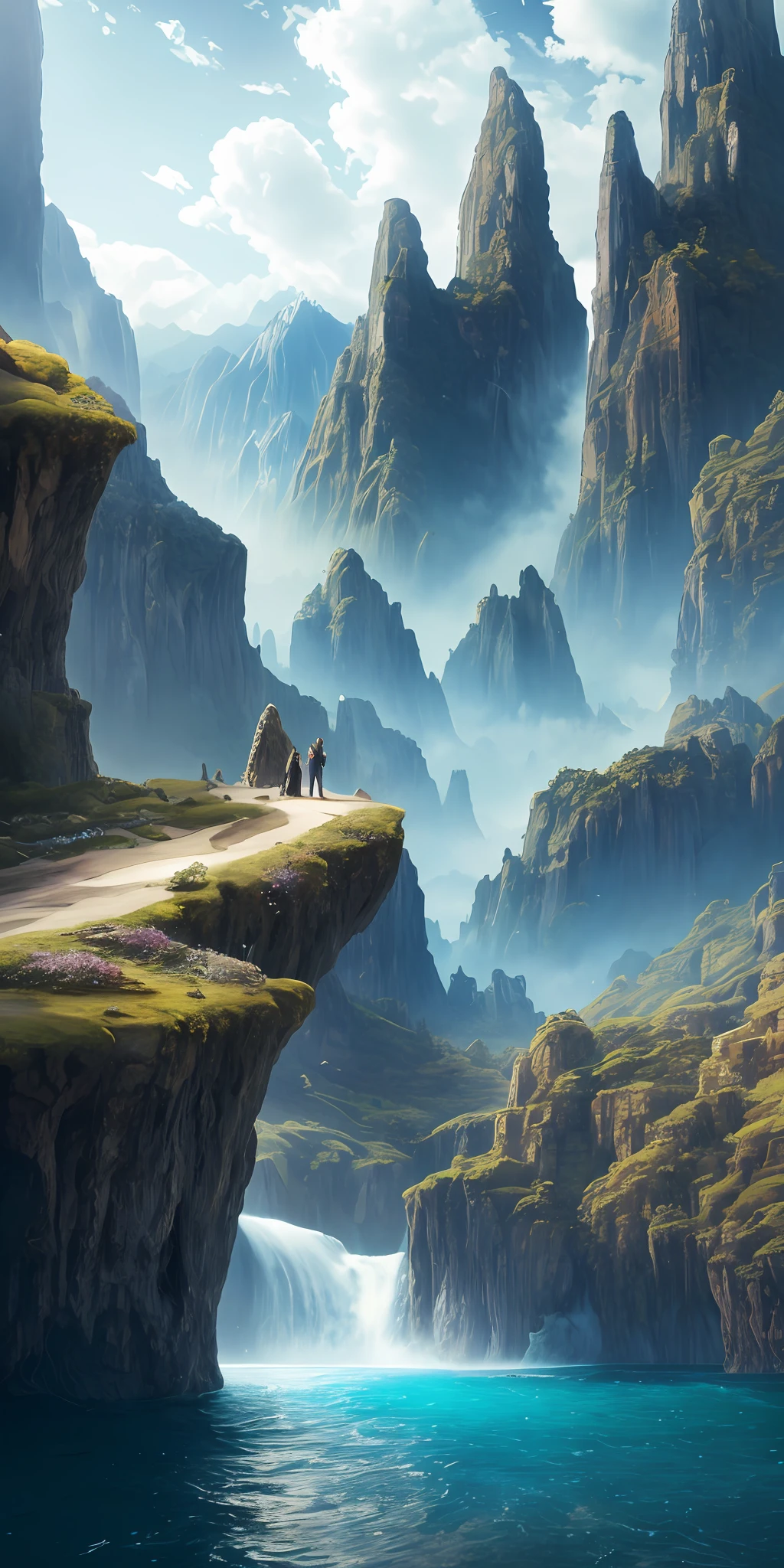 Masterpiece, best quality, high quality, extremely detailed CG unity 8k wallpaper, landscape, outdoor, sky, clouds, sky, no humans, mountain, landscape, water, tree, blue sky, waterfall, cliff, nature, lake, river , cloudy skies, award winning photography, bokeh, depth of field, HDR, bloom, chromatic aberration, photorealism, very detailed, trending on artstation, trending on CGsociety, intricate, high detail, dramatic, half way art