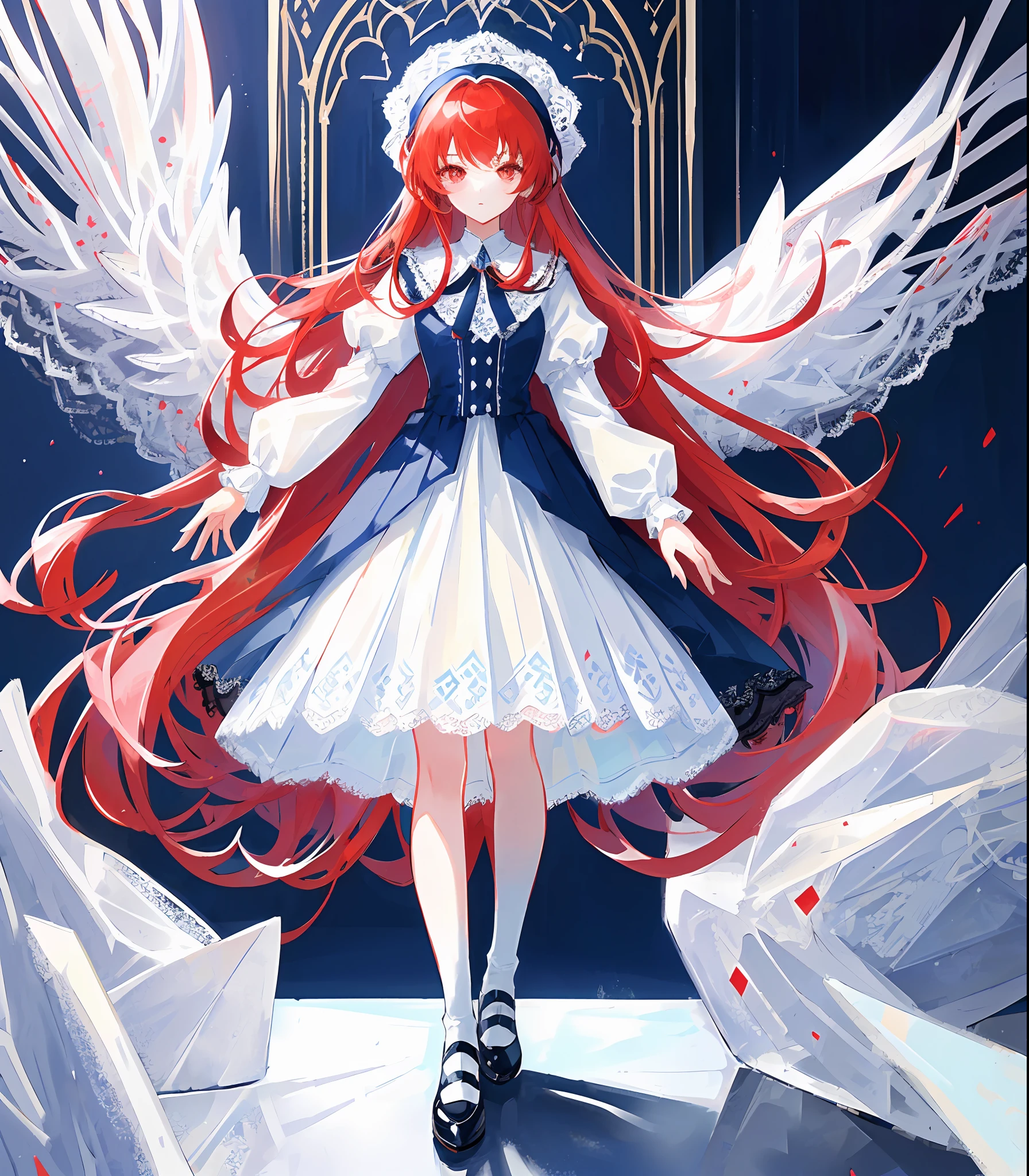 ((Masterpiece), (Best Quality), (Simple Style), White and Blue Skirt, Pleated Lace, Edward Lace Dress, Red Hair, Red Eyes, (Full Body Standing), (Hands at Sides)