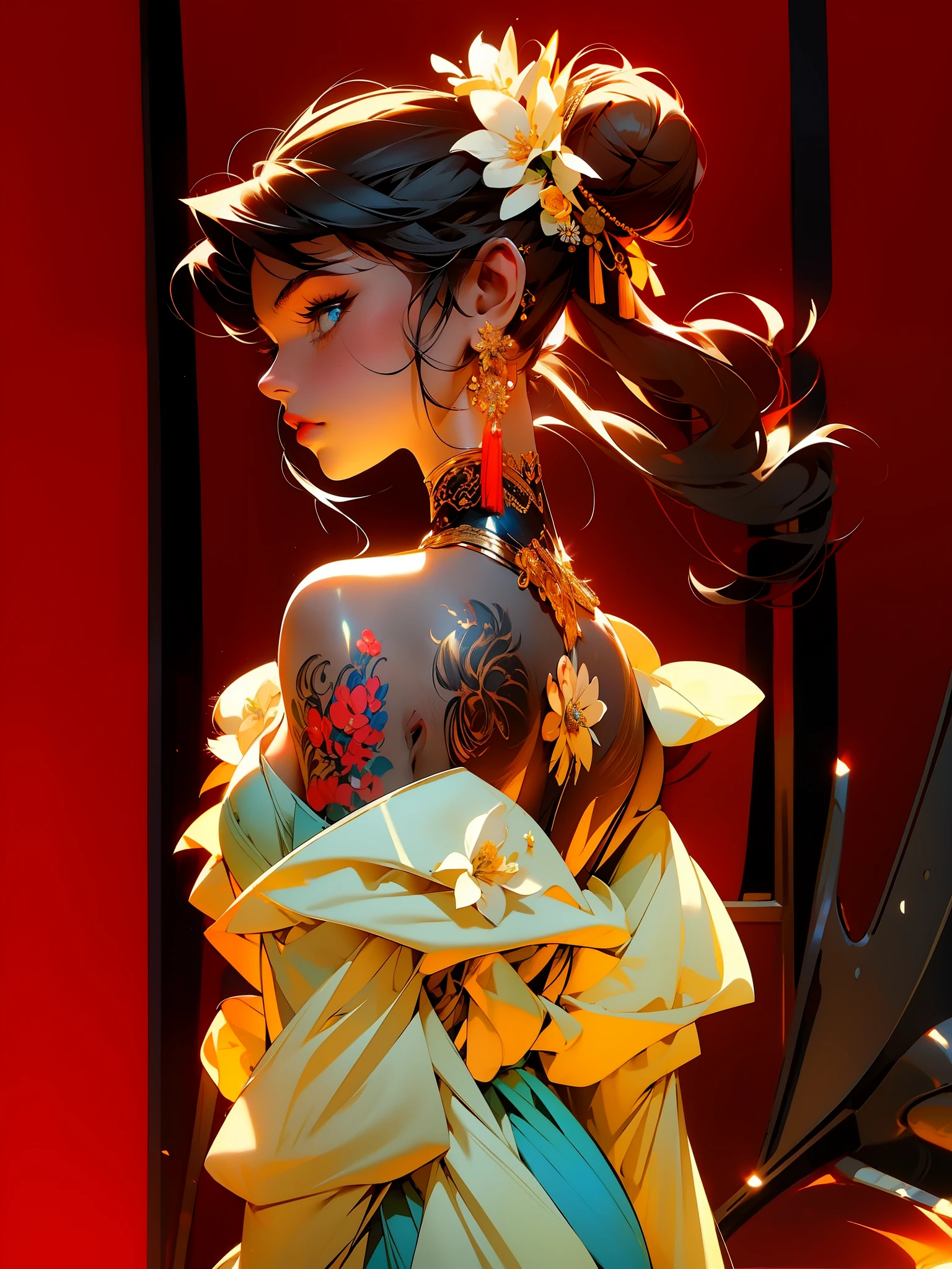 masterpiece best quality,1girl, solo, hair flowers, long hair, blue eyes, looking at viewer, medium breast, tattoo, black hair, tassel, bare shoulders, mecha, bangs, upper body, earrings, indoors, off shoulder, jewelry, eyelashes, lips, profile, hair bun, piercing, single hair bun, flowers,