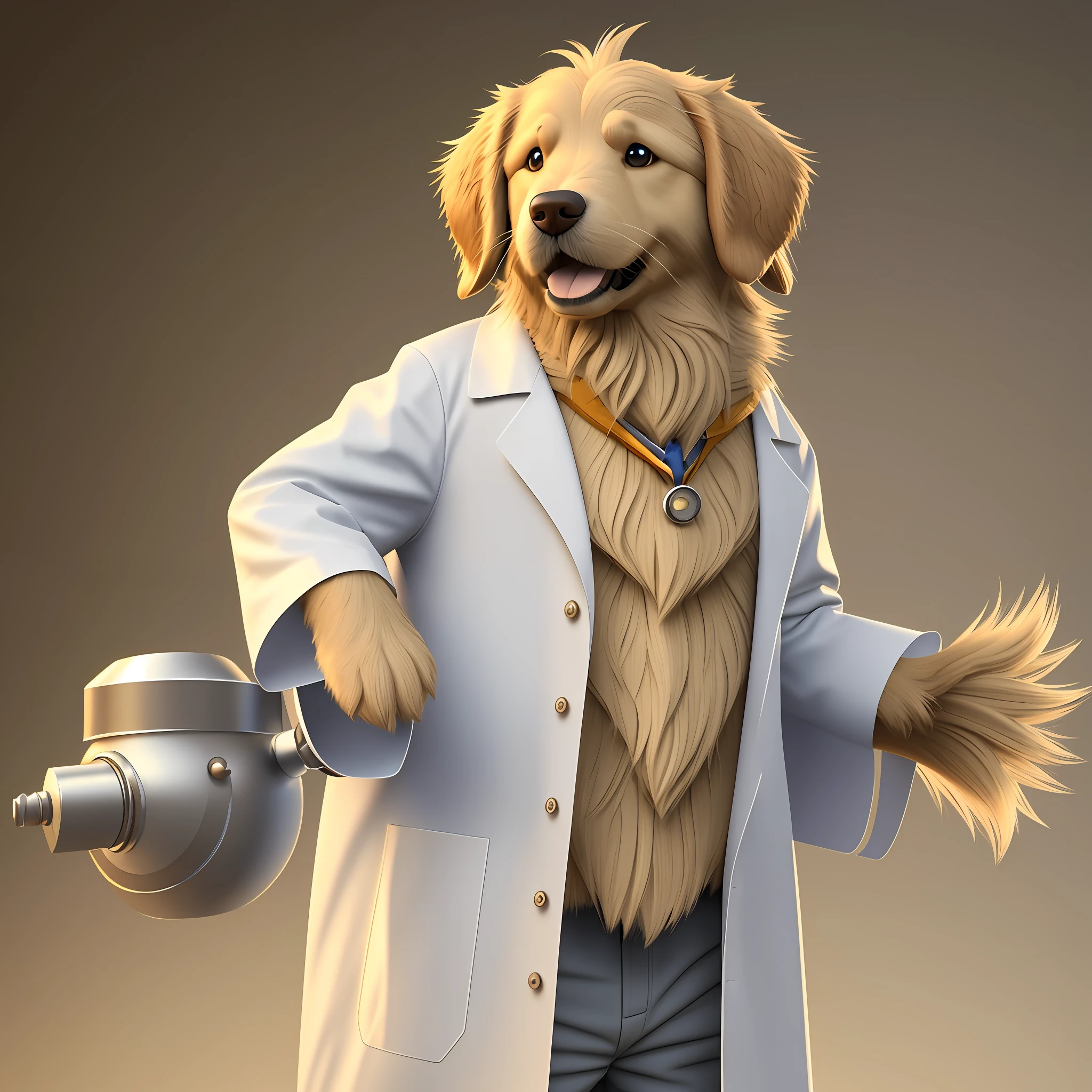 Small fluffy droop-eared golden retriever in doctor lab coat, 3d Disney-Pixar style, no background --auto --s2