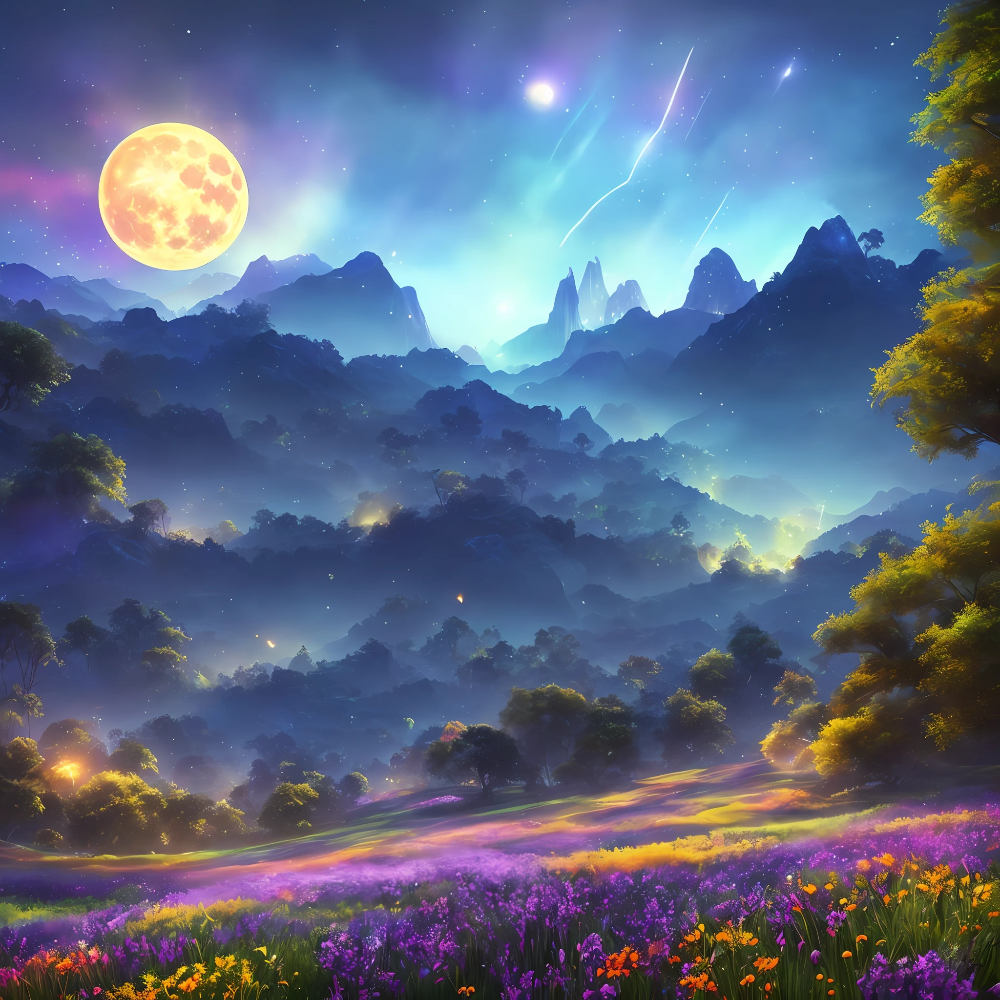 Vast landscape photo, (viewed from below, the sky is above and the open field is below), a girl standing on a flower field looking up, (full moon: 1.2), (meteor: 0.9), (nebula: 1.3), distant mountains , Trees BREAK Crafting Art, (Warm Light: 1.2), (Fireflies: 1.2), Lights, Lots of Purple and Orange, Intricate Details, Volumetric Lighting, Realism BREAK (Masterpiece: 1.2), (Best Quality), 4k, Ultra-Detailed, (Dynamic Composition: 1.4), Very Detailed, Colorful Details, (Rainbow Colors: 1.2), (Glow Lighting, Atmospheric Lighting), Dreamy, Magical, (Solo: 1.2)