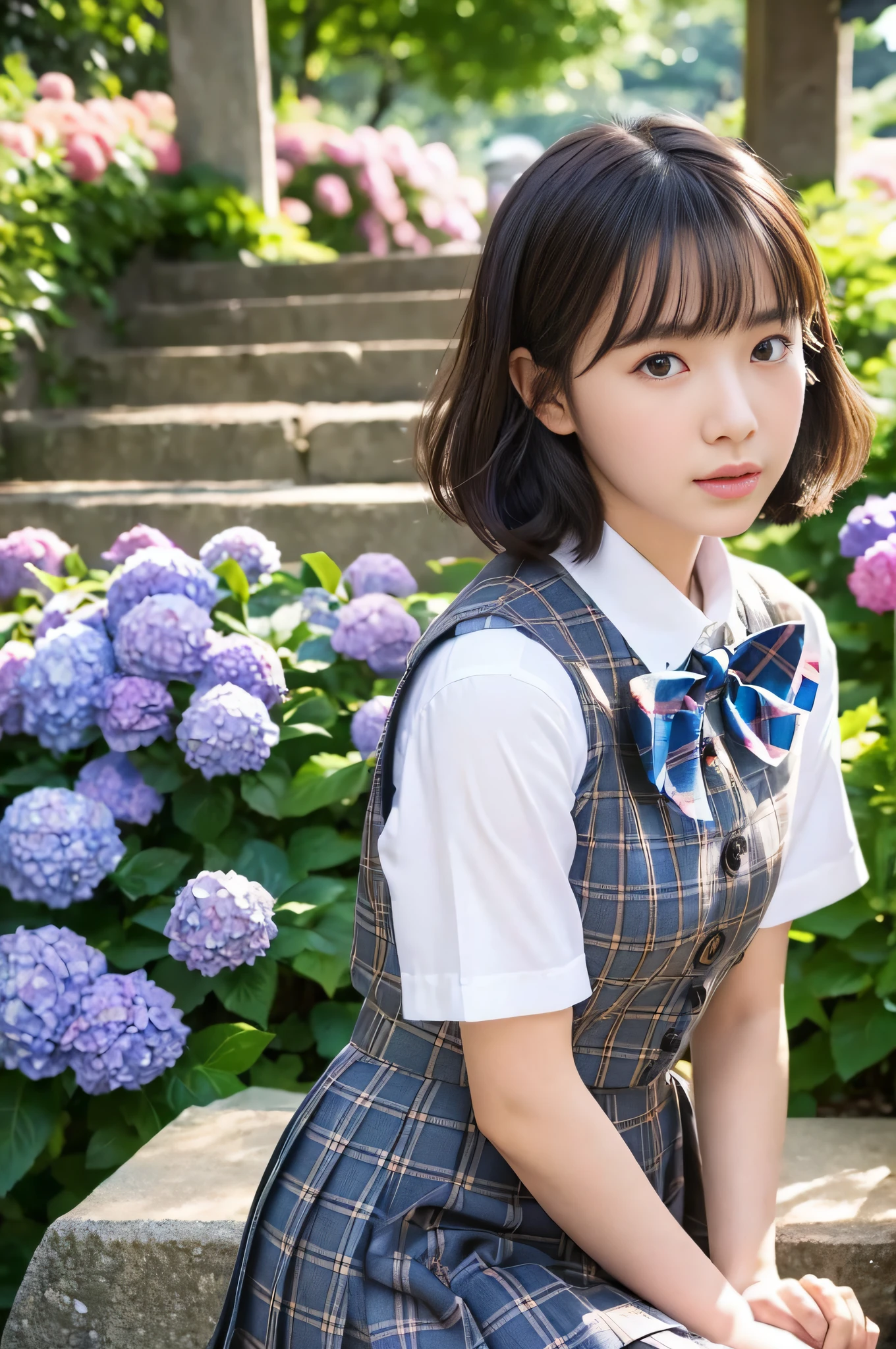 (8k, RAW photo, best quality, masterpiece:1.2), (realistic, photo realistic:1.4), hyperrealism, (masterpiece), (high resolution), (ultra-detailed), (best shadow), realistic shadow, ultra-high res, (detailed face:1.4), perfect skin, realistic skin texture, detailed skin texture, depth of field, natural blurry, professional lighting, (soft saturation:1.3), professional portrait photography,
BREAK
japanese beautiful female idol, cute, young, innocent girl, (15 years old), baby face, full lips, round face, black hair, blunt bangs, fluffy short hair,
beautiful eyes, good-looking, beautiful face, (fair skin:1.4, soft skin), no make-up, closed mouth,
(slender),
looking at viewer, standing surrounded by a profusion of hydrangeas,
school uniform, knee-length skirt, plaid skirt, pleated skirt, short sleeves, bowtie, white shirt, off-white knit vest, medium long shot,
BREAK
a great many hydrangeas that continues to the top of the stone steps, full bloom, colorful, flowers, enchanting, magical,
