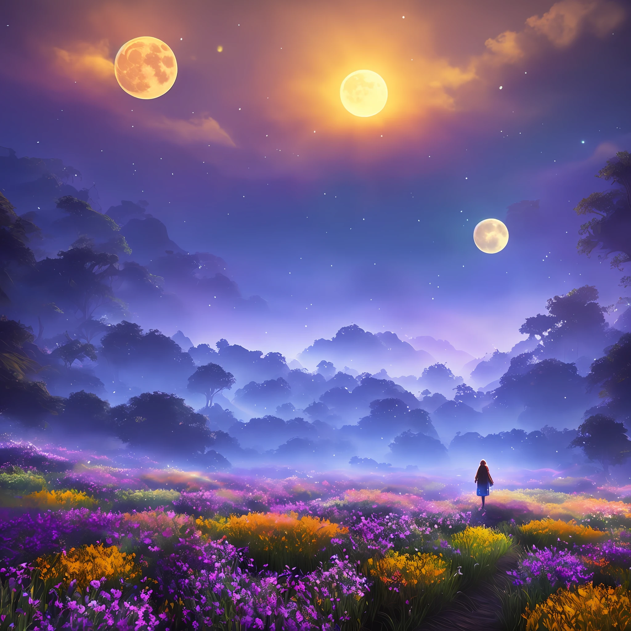 Vast landscape photo, (viewed from below, the sky is above and the open field is below), a girl standing on a flower field looking up, (full moon: 1.2), (meteor: 0.9), (nebula: 1.3), distant mountains , Trees BREAK Crafting Art, (Warm Light: 1.2), (Fireflies: 1.2), Lights, Lots of Purple and Orange, Intricate Details, Volumetric Lighting, Realism BREAK (Masterpiece: 1.2), (Best Quality), 4k, Ultra-Detailed, (Dynamic Composition: 1.4), Very Detailed, Colorful Details, (Rainbow Colors: 1.2), (Glow Lighting, Atmospheric Lighting), Dreamy, Magical, (Solo: 1.2)