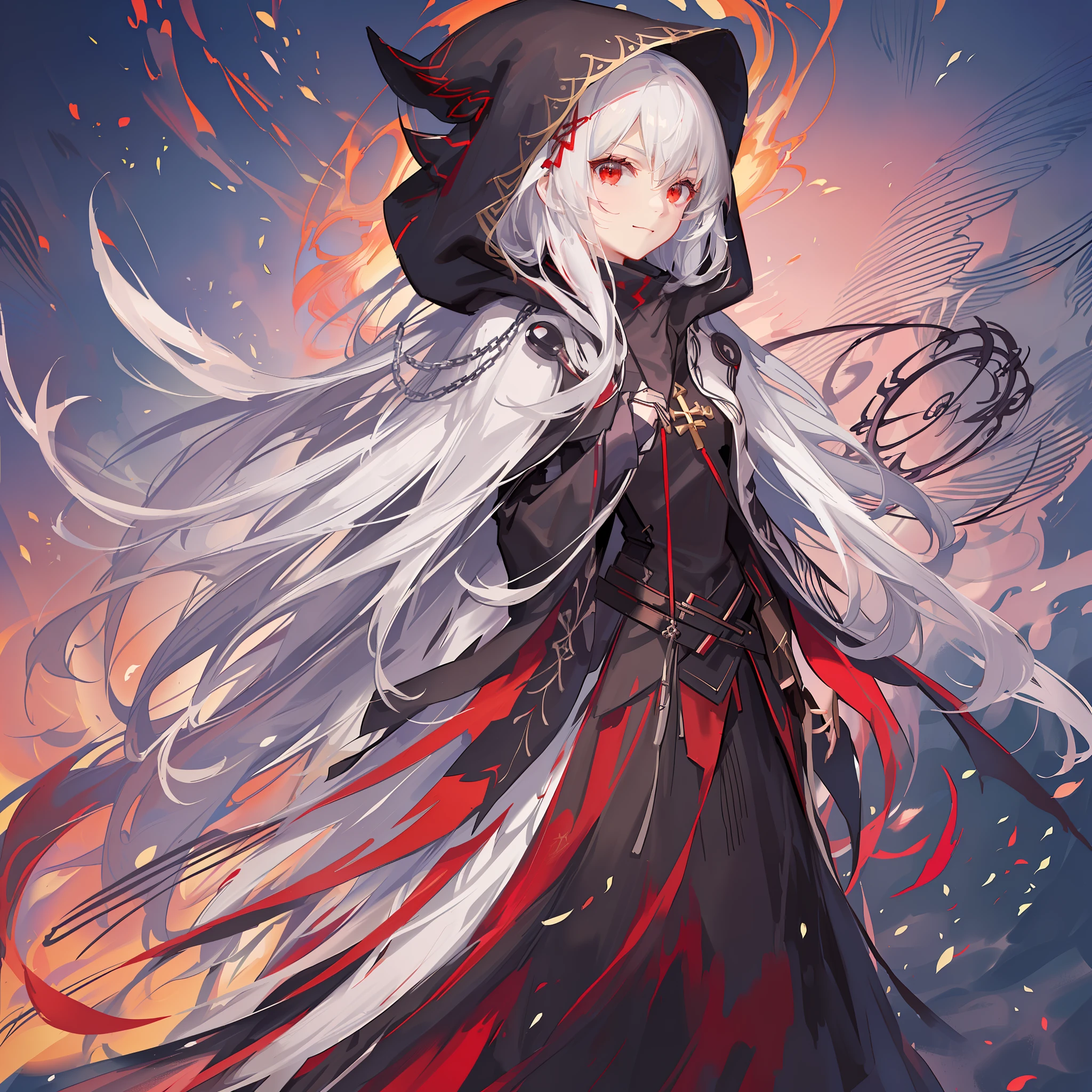 Maiden, round red thread striped black robe, hood, cape, red eyes, long white hair, faint smile, standing posture, full body, mage, holy girl