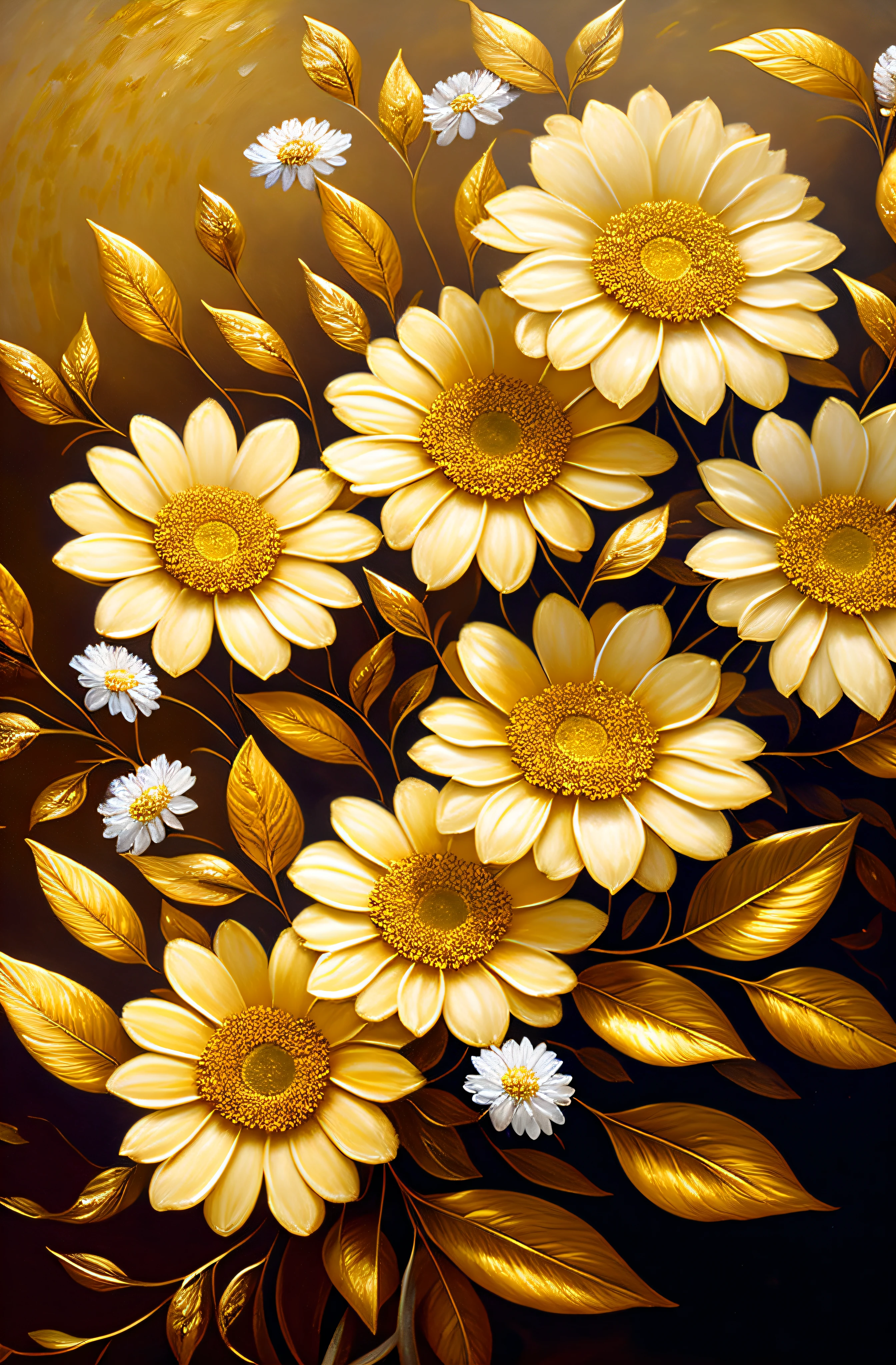 There are gold and silver leaves, golden flowers, daisy flowers, flowers and gold, gilded reliefs, detailed flowers, colorful flowers, golden peeling flowers, complex flowers, confusing gold leaf flowers, detailed 4K oil paintings, amazing and rich details, gilded flower paintings. Baroque elements, intricate oil painting, white background