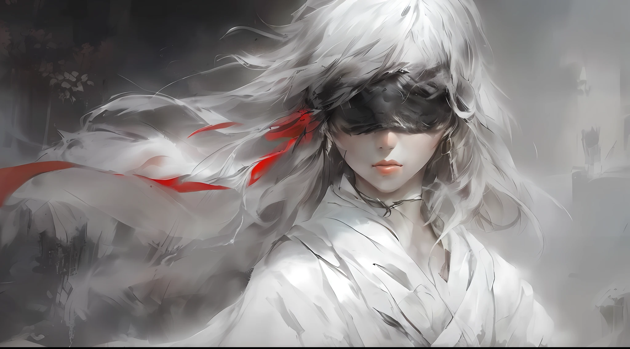 painting of a woman with a mask and feather in her hair, artwork in the style of guweiz, guweiz, guweiz masterpiece, beautiful character painting, by Yang J, girl with white eyes, fantasy blindfold, guweiz on pixiv artstation, white mask, guweiz on artstation pixiv, beautiful anime artwork