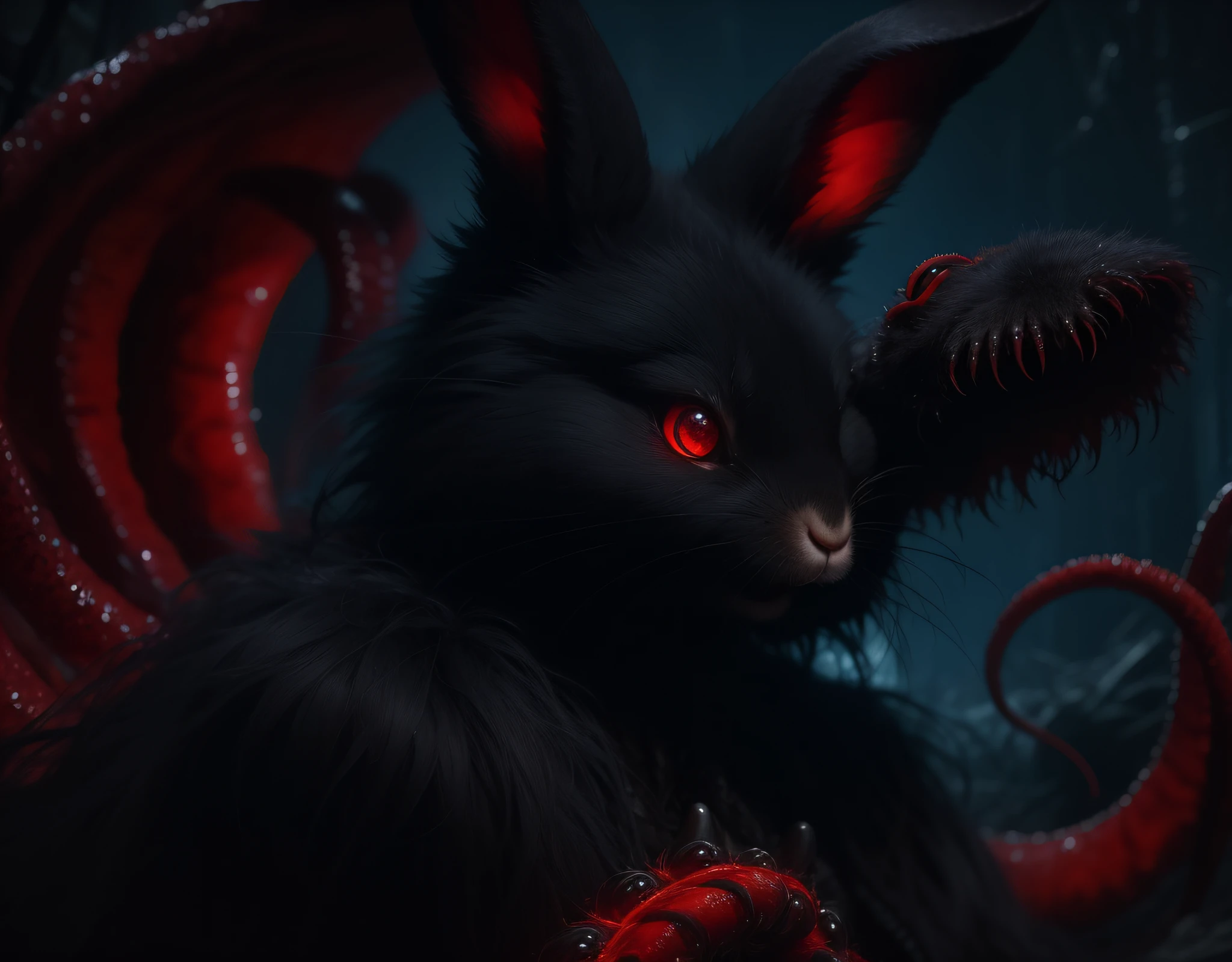 rabbit, ebony fur, glowing red eyes, evil, merciless, long writhing tentacles growing from it's fur, nightmare, masterpiece, best quality, ((In Lovecraftian style))