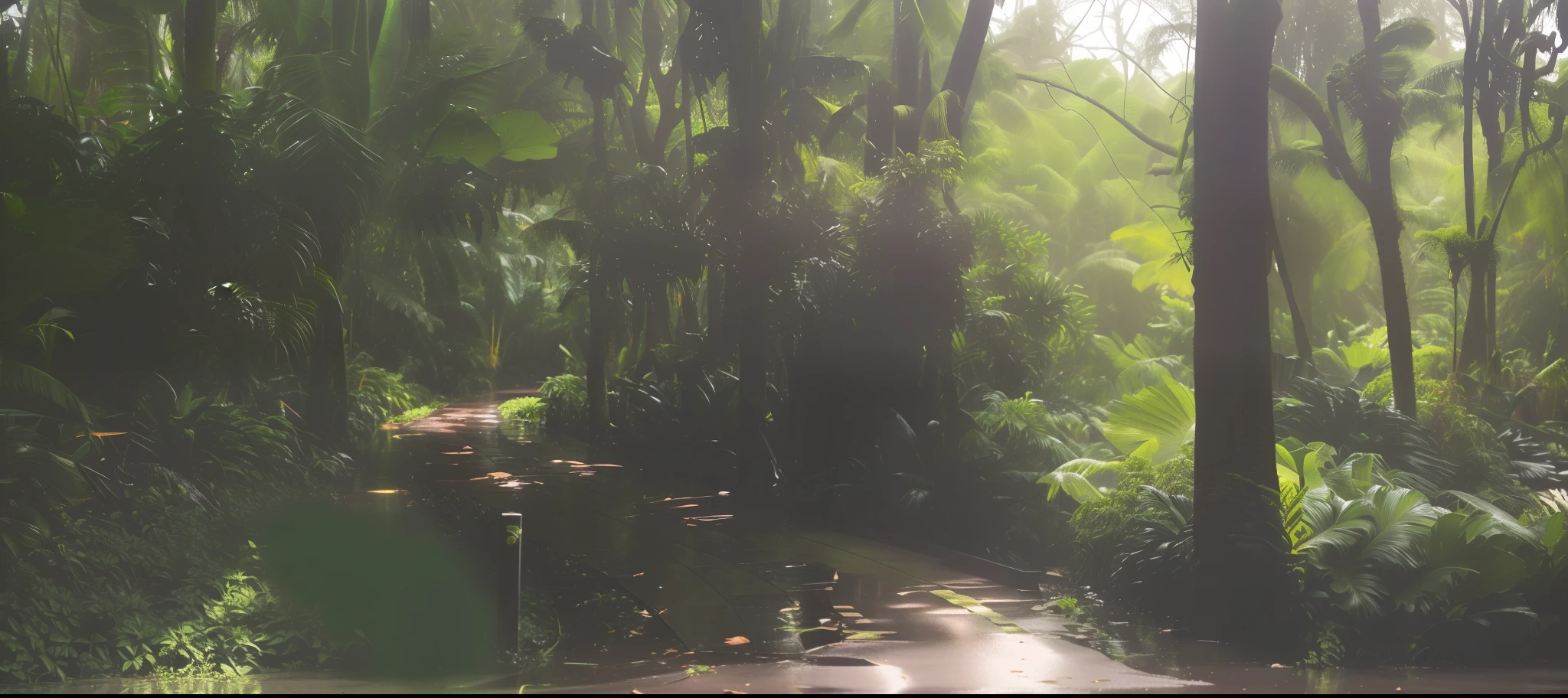 Tropical forest after a rainstorm with a path
