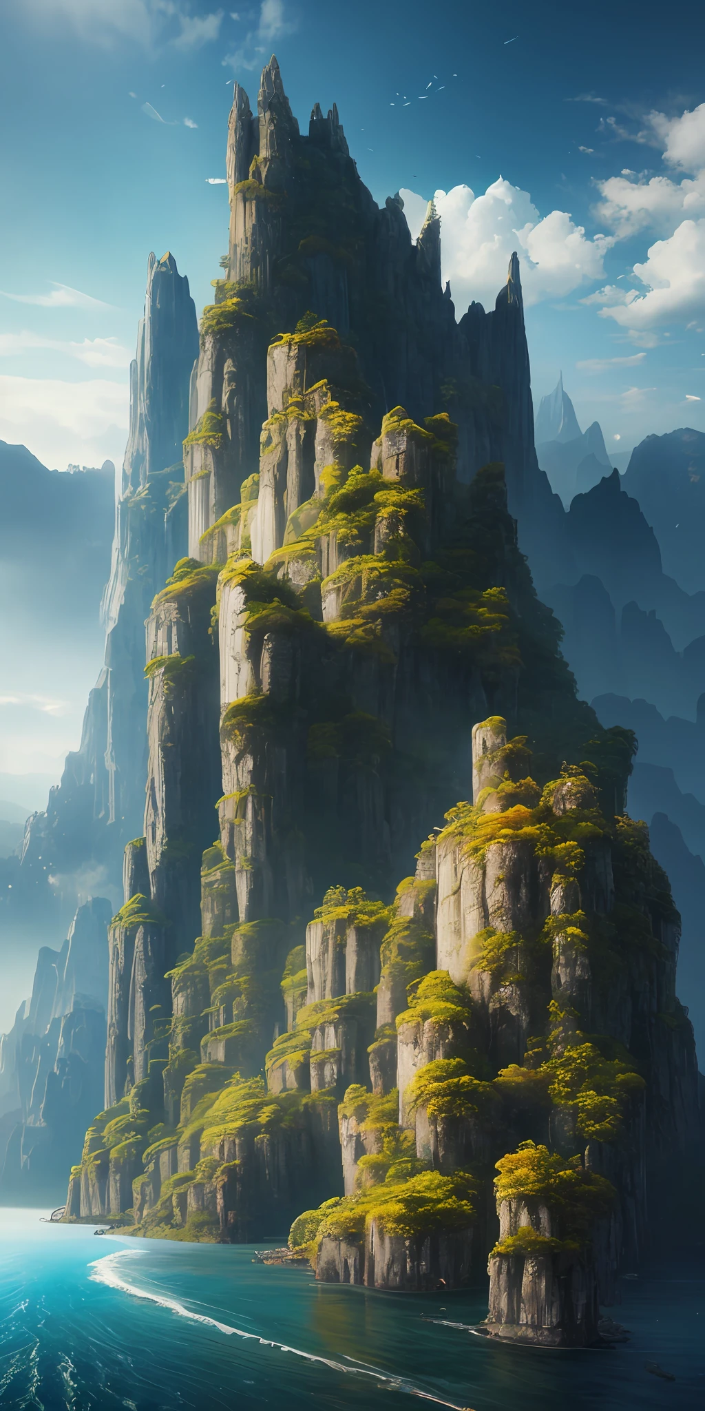 Masterpiece, best quality, high quality, extremely detailed CG unity 8k wallpaper, landscape, outdoor, sky, clouds, sky, no humans, mountain, landscape, water, tree, blue sky, waterfall, cliff, nature, lake, river , cloudy skies, award winning photography, bokeh, depth of field, HDR, bloom, chromatic aberration, photorealism, very detailed, trending on artstation, trending on CGsociety, intricate, high detail, dramatic, half way art