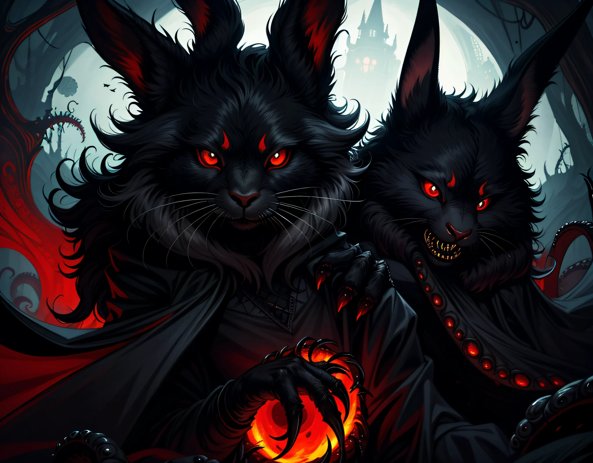 rabbit, ebony fur, glowing red eyes, evil, merciless, long writhing tentacles growing from it's fur that leach the life out of anything they touch, nightmare, masterpiece, best quality, ((In Lovecraftian style))