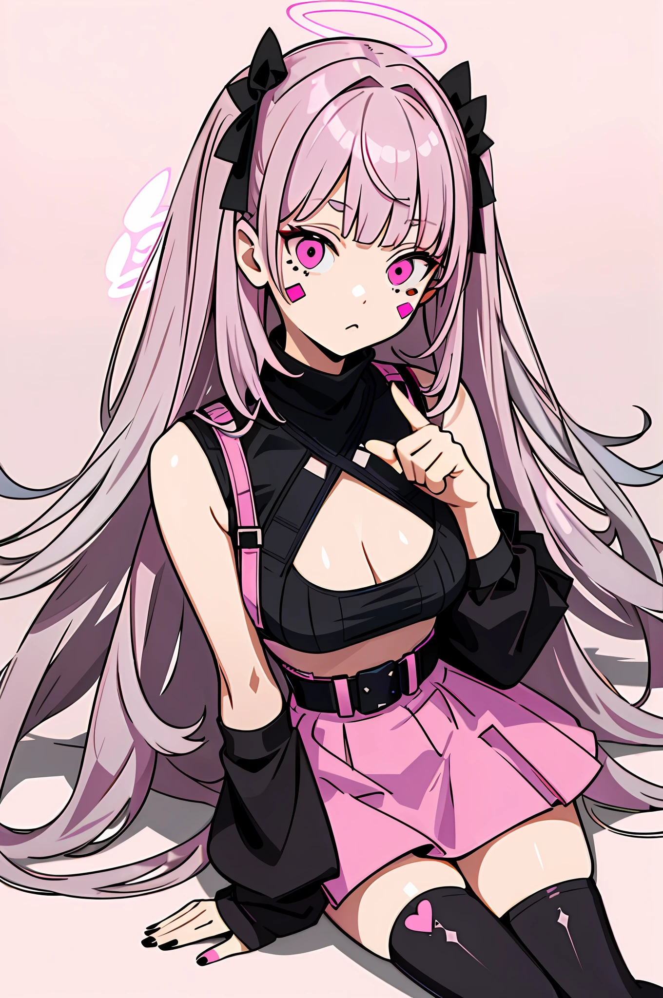 fullbody, 1 girl, floating sitting pose, ((pink halo,)) gray straight hair, big black hair bow, black goth tight sweater with boob window, pink harness on chest, chest harness, belt on chest, long black nails, fashion (((pink skirt))) with patches, the skirt is pink, mismatched thigh high stockings, cute gray wings on her back, with bandaids, adhesive bandages, stickers on her clothes, stickers on cheek, moles, cleavage_cutout,mismatched_legwear ,asymmetrical_legwear,menhera