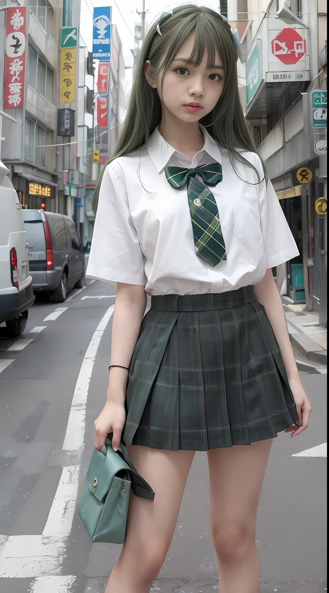 (8k, RAW photo, best quality, mastery:1.3),(realistic,photo-realistic:1.37),(looking viewer:1.331),(green
hair), posing, Tokyo street, cyberpunk city, soft light, 1girl, extremely beautiful face, hands down, hairstyle casual, expression casual, big eyes, lower abdomen, (short sleeve JK_shirt), JK_style, (green JK_skirt), (bow JK_tie), mix4, full body, full body photo