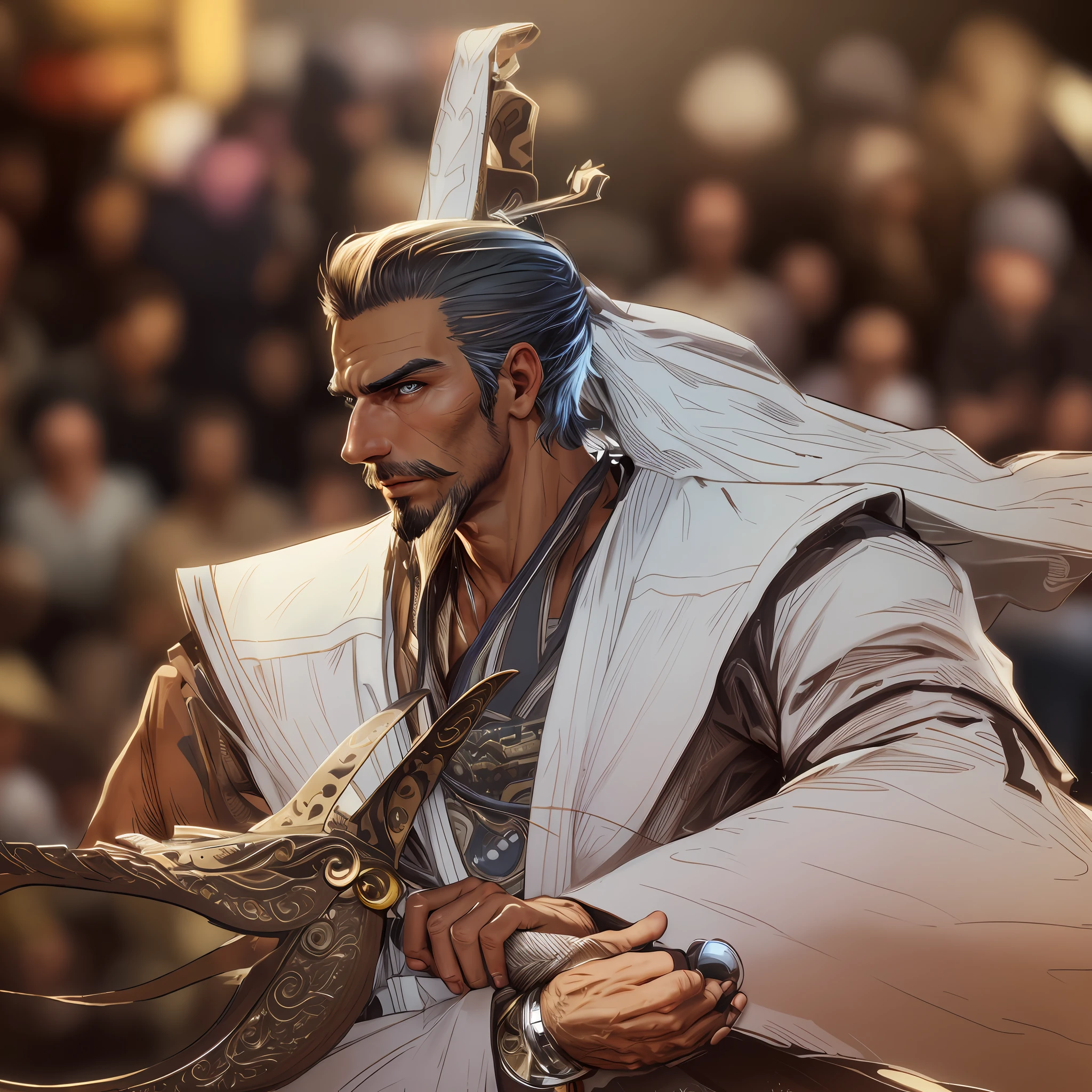 (masterpiece, best quality:1.2), cowboy shot, solo, male focus, 1boy, sideburns, slight smile, looking at viewer, hand on hip, tank top, 
capelet, pants, Full frame, close portrait, extremely beautiful male model, Herculean Greek male, auburn buzzcut shaved hair, heterochromia honey eyes, (skin texture), skin pores, shallow depth of field, sharp eye focus, backlit