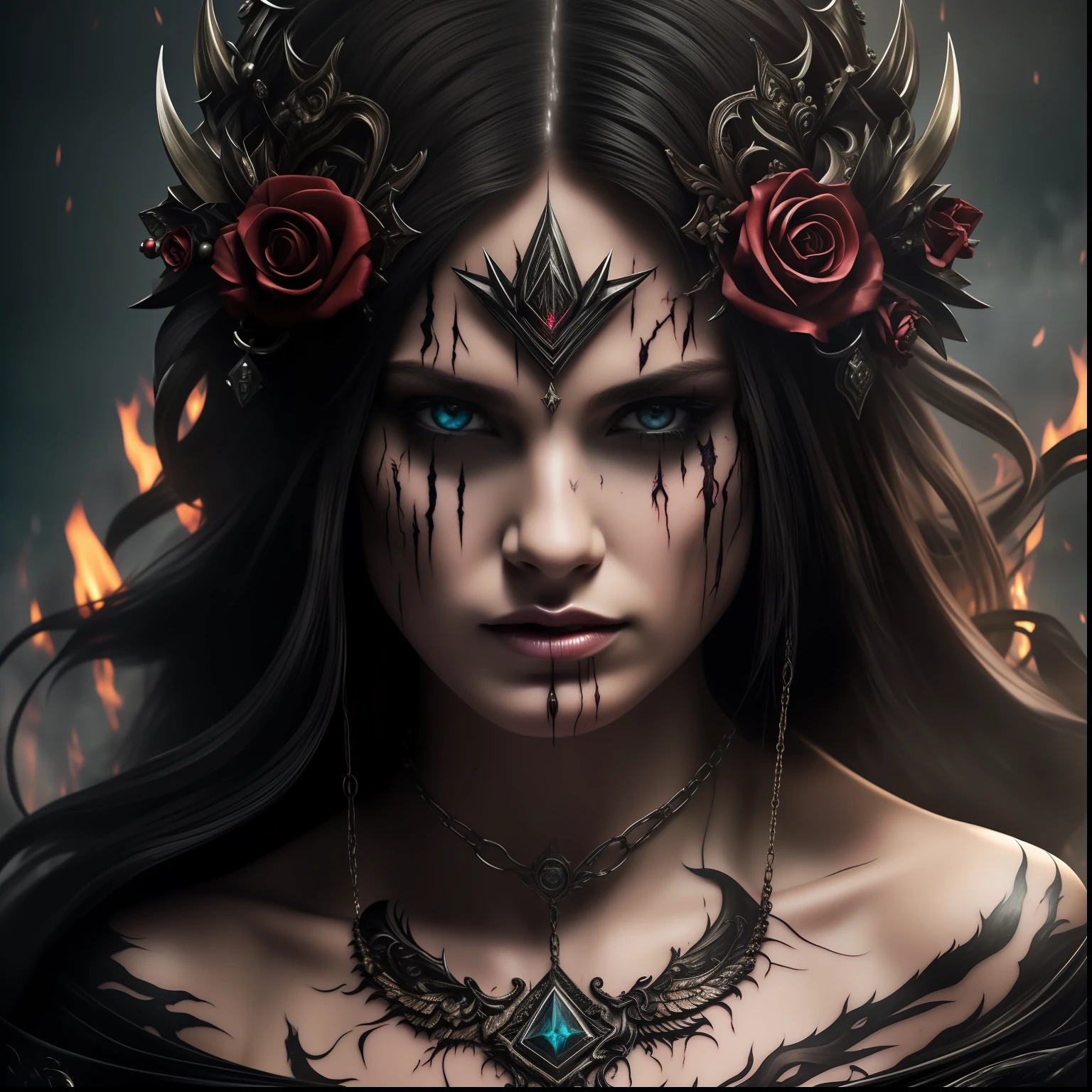 Dark magic, (masterpiece, highest quality, best quality, official art, beautiful and aesthetic: 1.2), (1girl: 1.3), solo, threat, rage, devilish smile, (young dark sorceress) extremely detailed, dynamic pose, battle, dark night, abstract background, dress, (corpses blood, blood splashes:1.1), ashes, fire, (body tattoos, scars, jewelry), hyperrealism
