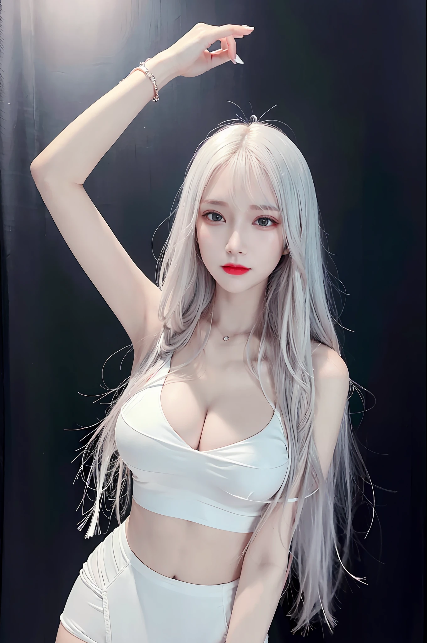 1 girl, beautiful vintage color, Instagram (photorealistic, high resolution: 1.4), staring viewer ((puffy eyes)), full body (8k, RAW photo, highest quality, masterpiece: 1.2), (realistic, photorealistic): 1.37), (sharp focus: 1.2), professional lighting, photon mapping, Radiosity, Physically Based Rendering, (White Skin: 1.2), (Big: 1.8), Viewer Gaze, (Middle Hair: 1.5), Portrait, Eyes, (Gray Hair: 1.1), Black Hair, Bangs, (Simple Background: 1.4), Solo, Upper Body, Realistic, (Masterpiece: 1.4), (Best Quality: 1.4), (Glossy Skin), Fashion Girl, Makeup, Thin Eyebrows, Light Pink Eyeshadow, Light red lipstick, smile (skinny, mouth closed, shy: 1.3), standing figure necromancer: 1.1), medium bust, sexy pose, full body, long legs, 8 life, 8 heads, model shoot, white bikini, white hair, pure white hair, white hair