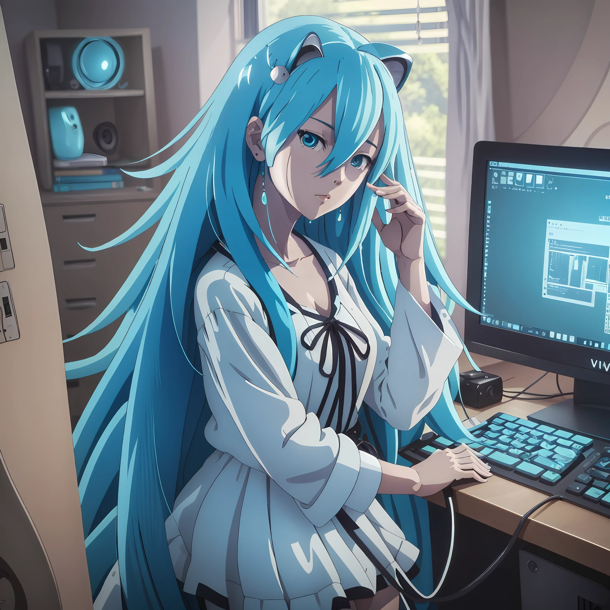 Vivi, Vivi anime girl, long hair, luxurious hair, blue hair, medium chest, in home clothes, at home, standing near the computer, very detailed computer, detailed monitor, white background on the monitor, looking at the viewer, cute, best quality, very detailed, ultra 8k quality