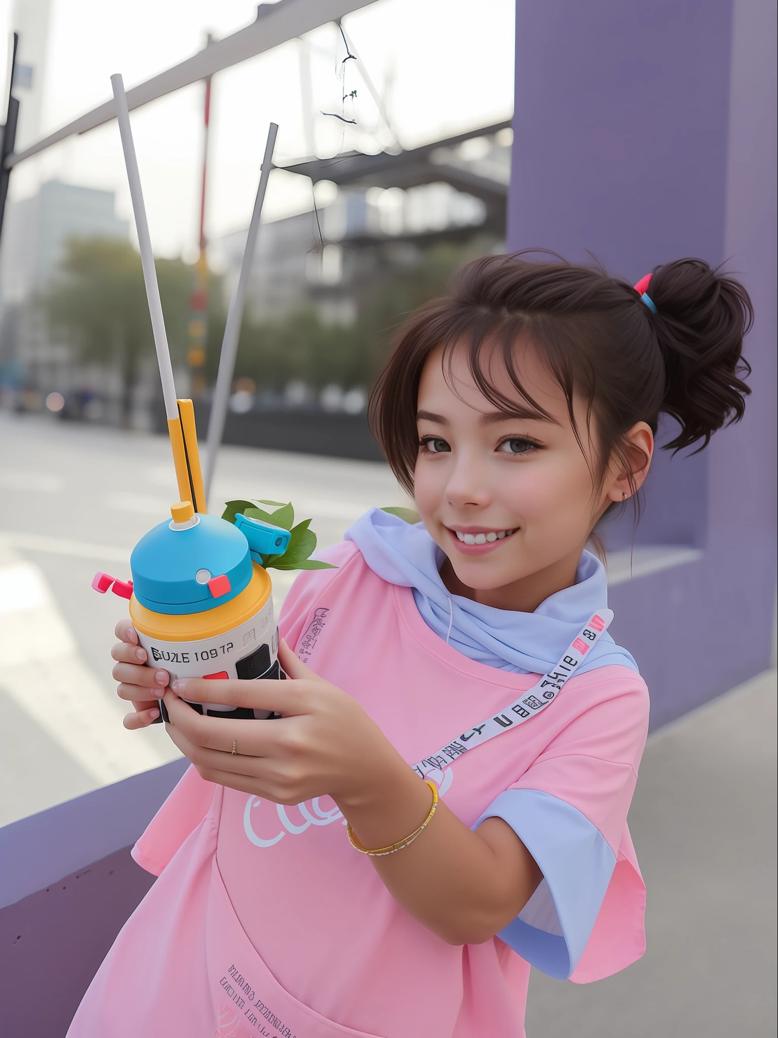 Photos of beautiful girls wearing city streets, messy hair Slim body, view from behind, medium upper body, camera look, cute smile Shallow depth of field 8K UHD DSLR Camera , Soft lighting, High Quality, photorealistic, Realism, Exaggerated realism, Artistic Photography