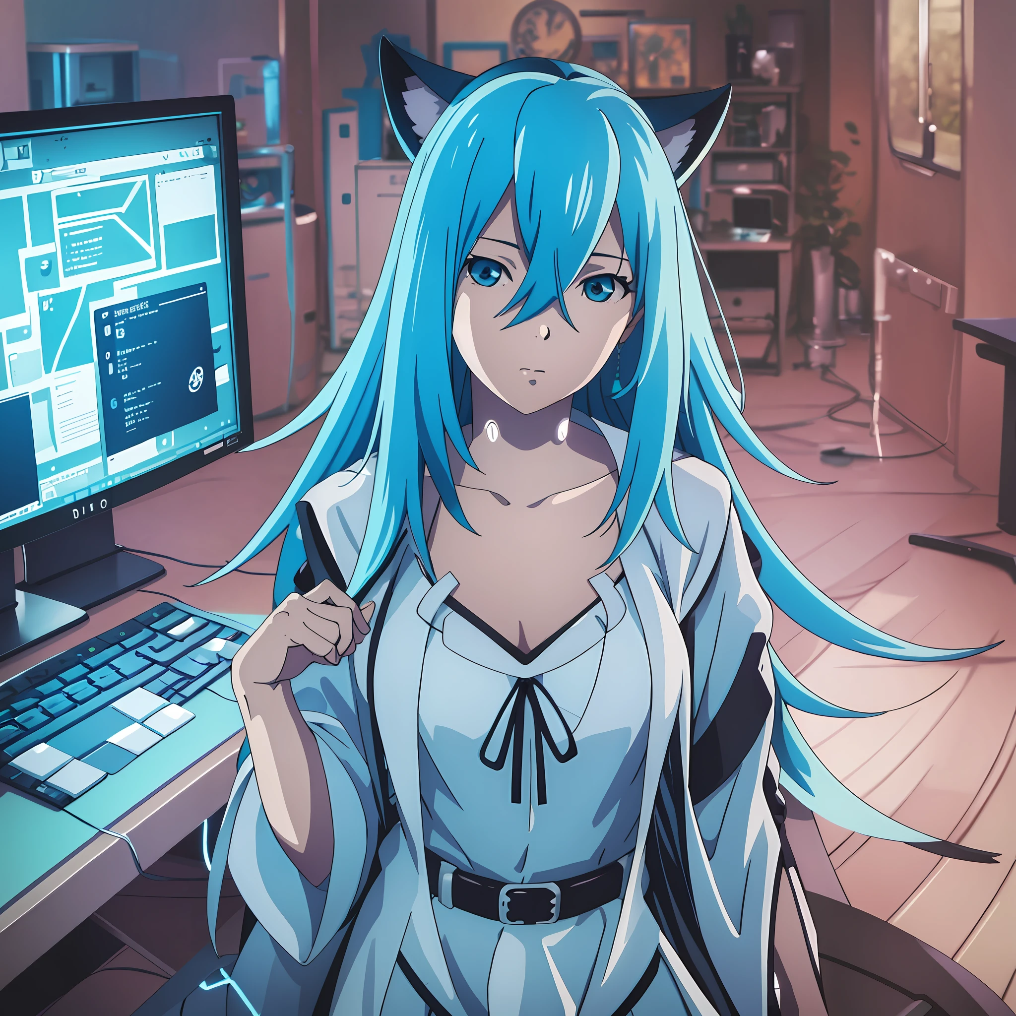 Vivi, Vivi anime girl, long hair, luxurious hair, blue hair, medium chest, in home clothes, at home, standing near the computer, very detailed computer, detailed monitor, white background on the monitor, looking at the viewer, cute, best quality, very detailed, ultra 8k quality