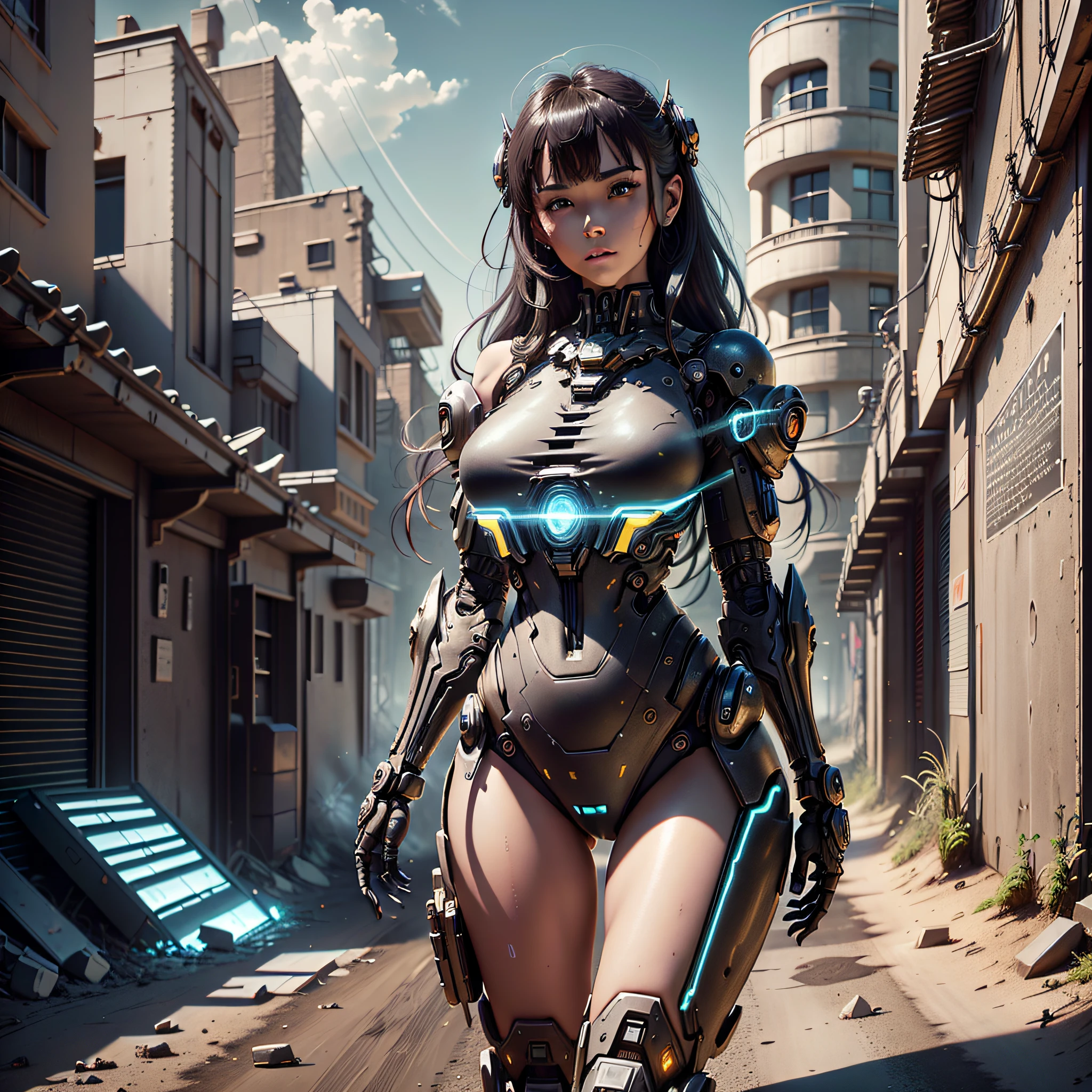 ((Best Quality)), ((Masterpiece)), (Very Detailed:1.3), 3D, Shitu-mecha, Beautiful cyberpunk woman with her mech in the ruins of a city in the forgotten war, ancient technology, HDR (High Dynamic Range), ray tracing, NVIDIA RTX, Super Resolution, Unreal 5, Subsurface scattering, PBR texture, Post processing, Anisotropic filtering, Depth of field, Maximum sharpness and sharpness, Multilayer texture, Albedo and highlight maps, Surface shading, Accurate simulation of light-material interactions, perfect proportions, octane rendering, duotone lighting, low ISO, white balance, rule of thirds, wide aperture, 8K RAW, efficient sub-pixels, subpixel convolution, luminous particles, light scattering, panorama, full-frame, stature, tall, delicate, bumpy,