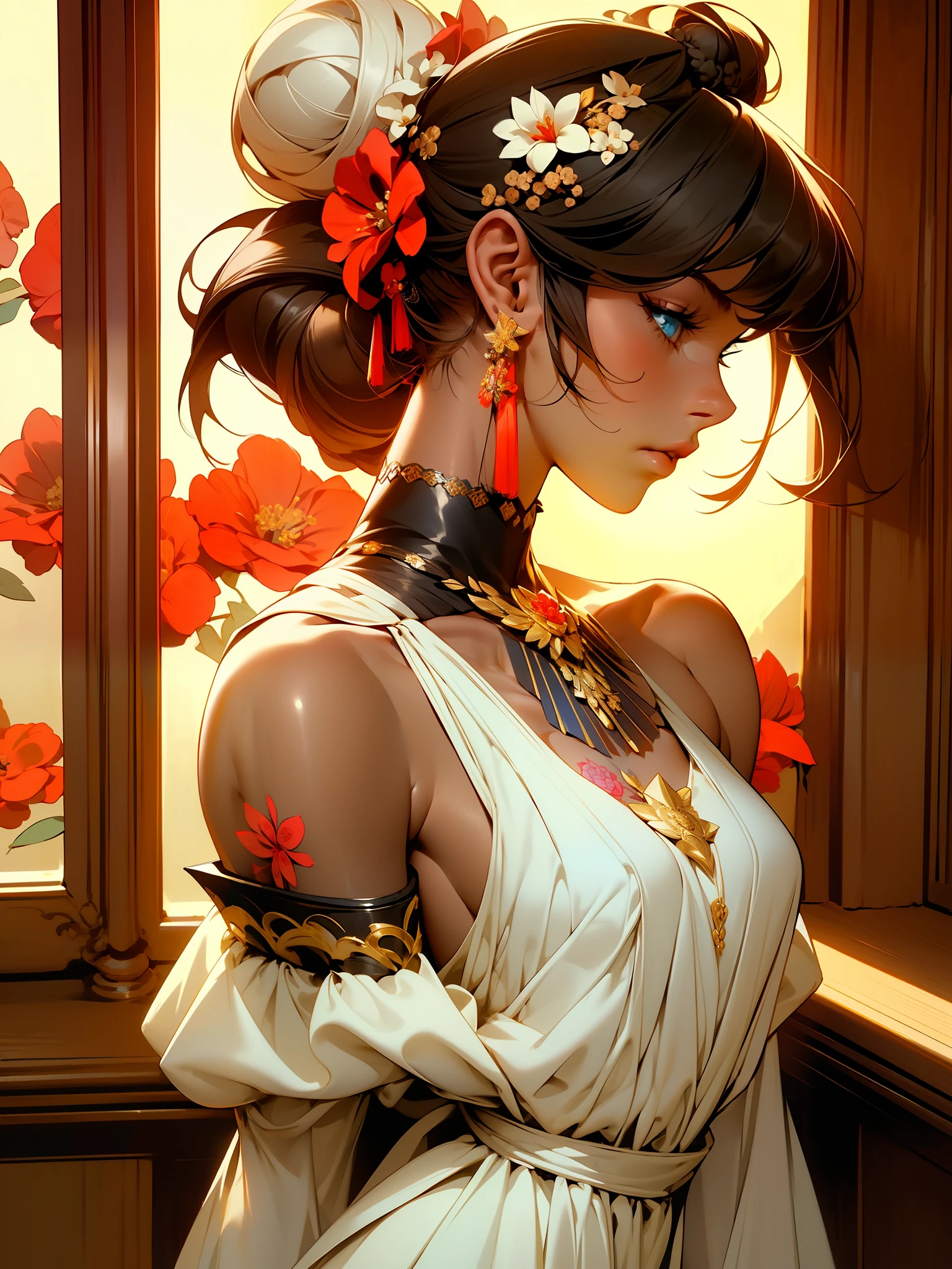 masterpiece best quality,1girl, solo, hair flowers, long hair, blue eyes, looking at viewer, medium breast, tattoo, black hair, tassel, bare shoulders, mecha, bangs, upper body, earrings, indoors, off shoulder, jewelry, eyelashes, lips, profile, hair bun, piercing, single hair bun, flowers,