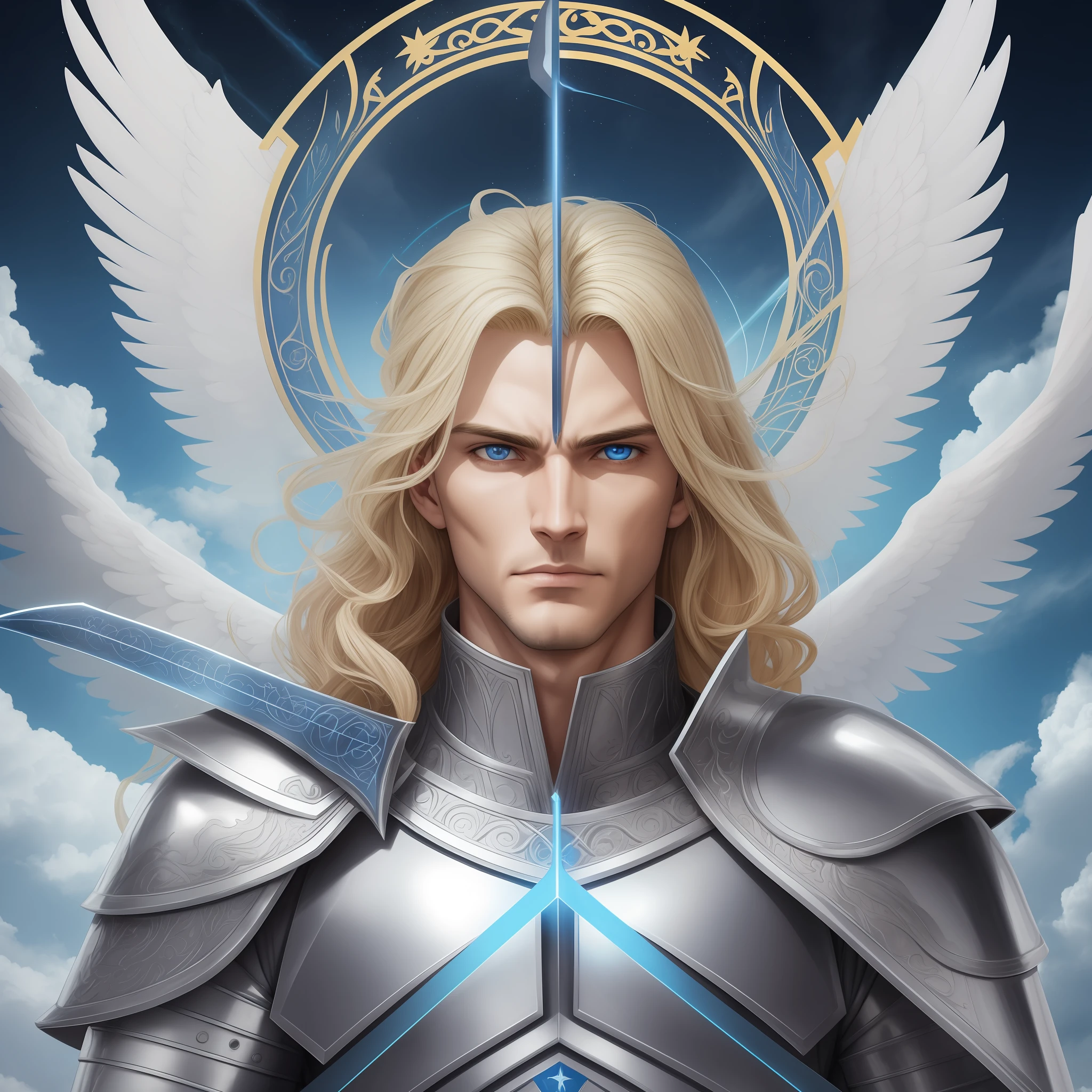 realístico, rosto humano, homem, rosto másculo, forte, Archangel Michael, 29 years old, blond, blue eyes, celestial sword, sky blue clothing, in the sky with white clouds --auto --s2