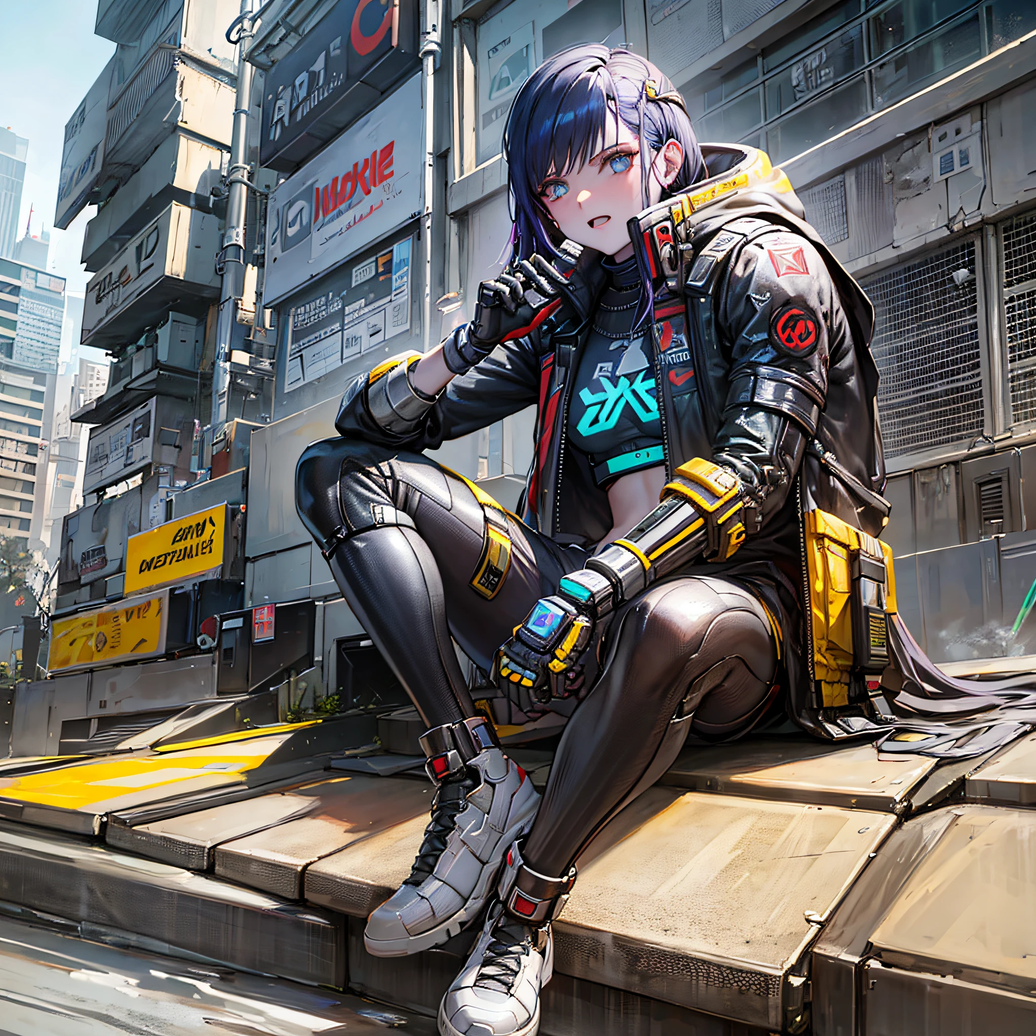 Cyberpunk 2077, a bionic man sitting on the roof of a car --auto --s2