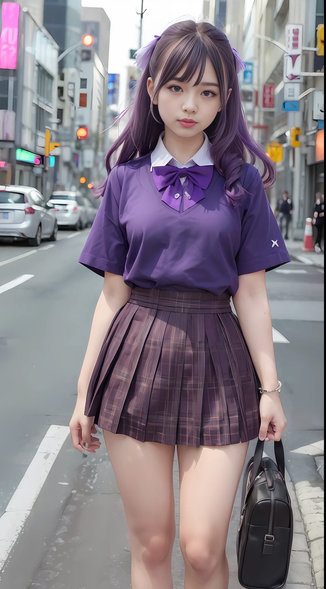 (8k, RAW photo, best quality, mastery:1.3),(realistic,photo-realistic:1.37),(looking viewer:1.331),(purple hair),posing,Tokyo street,cyberpunk city,soft light,1girl,extremely beautiful face,hands down,casual hairstyle,casual expression, big eyes, lower abdomen, (short sleeves JK_shirt), JK_style, (purple JK_skirt), (bow JK_tie), mix4, full body, full body photo