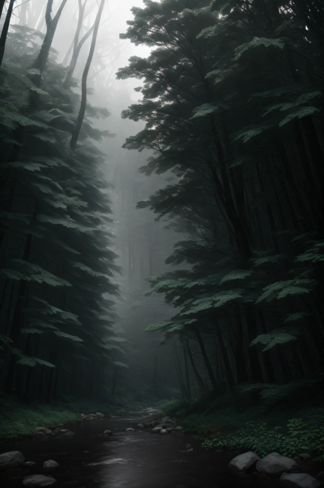 A dense forest in the midst of a heavy nighttime downpour, with raindrops cascading down the trees and thunder rumbling in the distance, masterpiece, best quality, high quality, extremely detailed CG unity 8k wallpaper, oil paiting, award winning photography, Bokeh, Depth of Field, HDR, bloom, Chromatic Aberration ,Photorealistic,extremely detailed, trending on artstation, trending on CGsociety, Intricate, High Detail, dramatic, art by midjourney, (volumetric lighting:1.2)