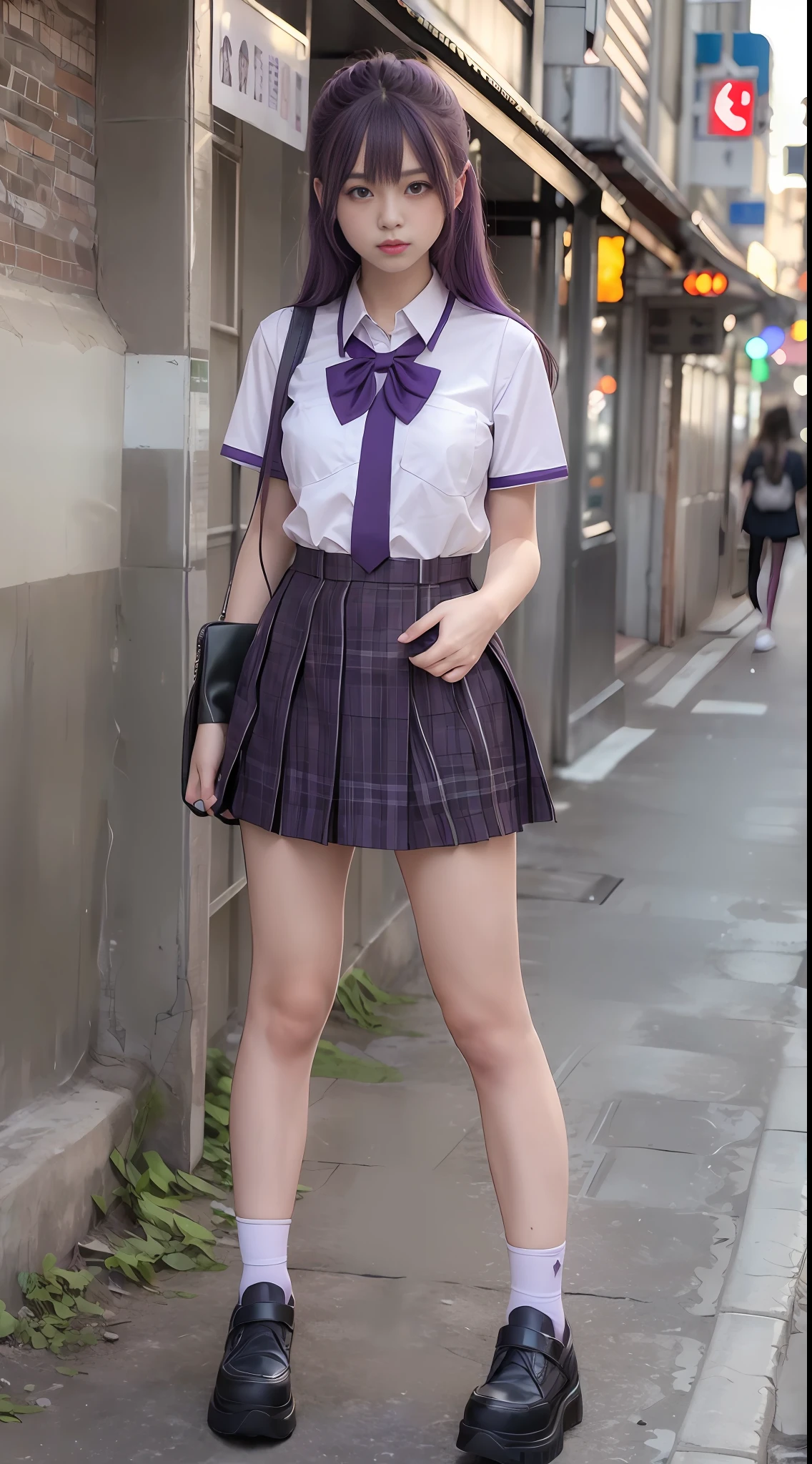 (8k, RAW photo, best quality, mastery:1.3),(realistic,photo-realistic:1.37),(looking viewer:1.331),(purple hair),posing,Tokyo street,cyberpunk city,soft light,1girl,extremely beautiful face,hands down,casual hairstyle,casual expression, big eyes, lower abdomen, (short sleeves JK_shirt), JK_style, (purple JK_skirt), (bow JK_tie), mix4, full body, full body photo