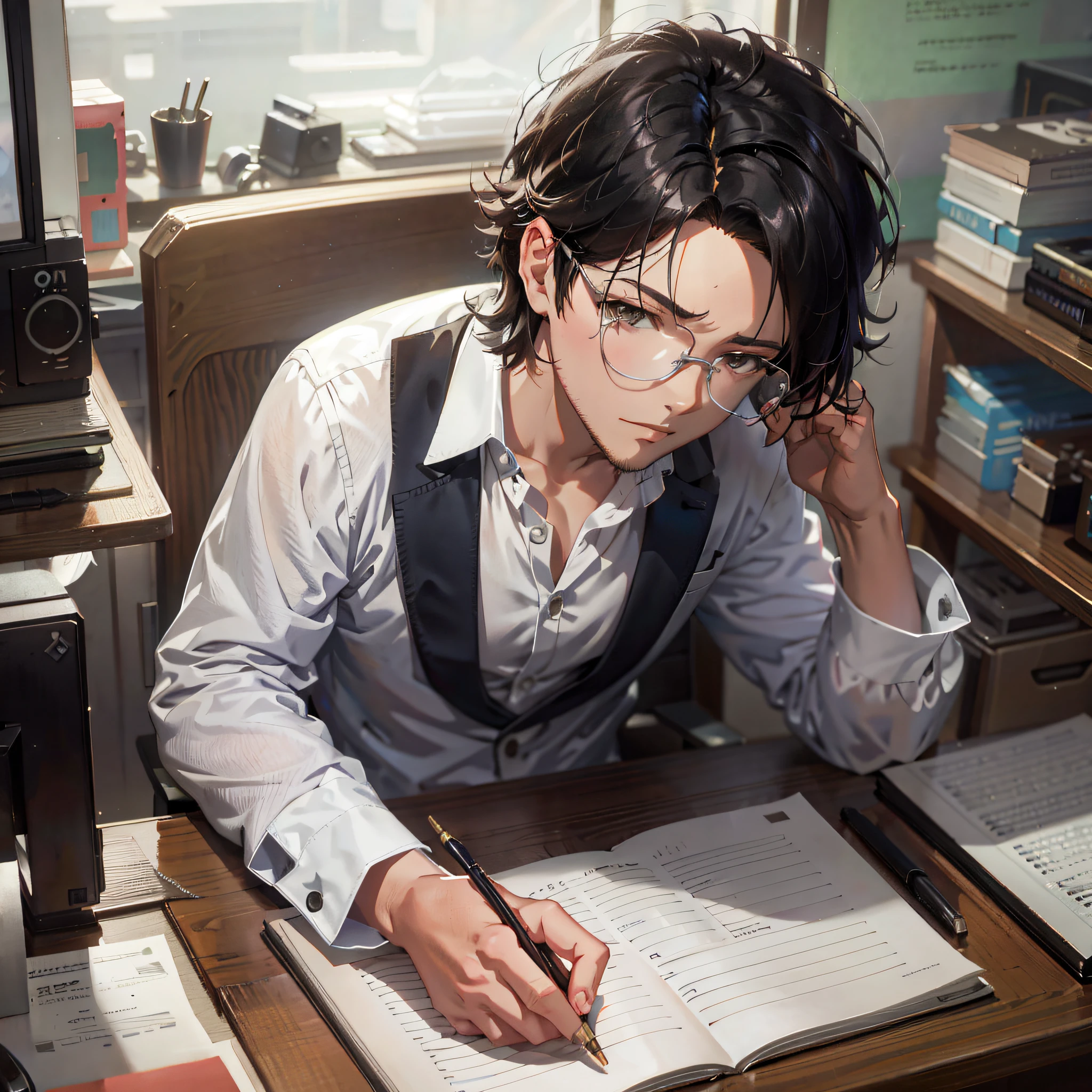 There is a man sitting at the table with a pen and paper, young anime people, Range Murata and Artgerm, Makoto Shinkai. Digital rendering, male anime style, handsome anime pose, as anime character, Makoto Shinkai and Artgerm, realistic anime art style, anime realism style, sakimikan Frank Franzeta, background becomes night falling, pose becomes looking out the window