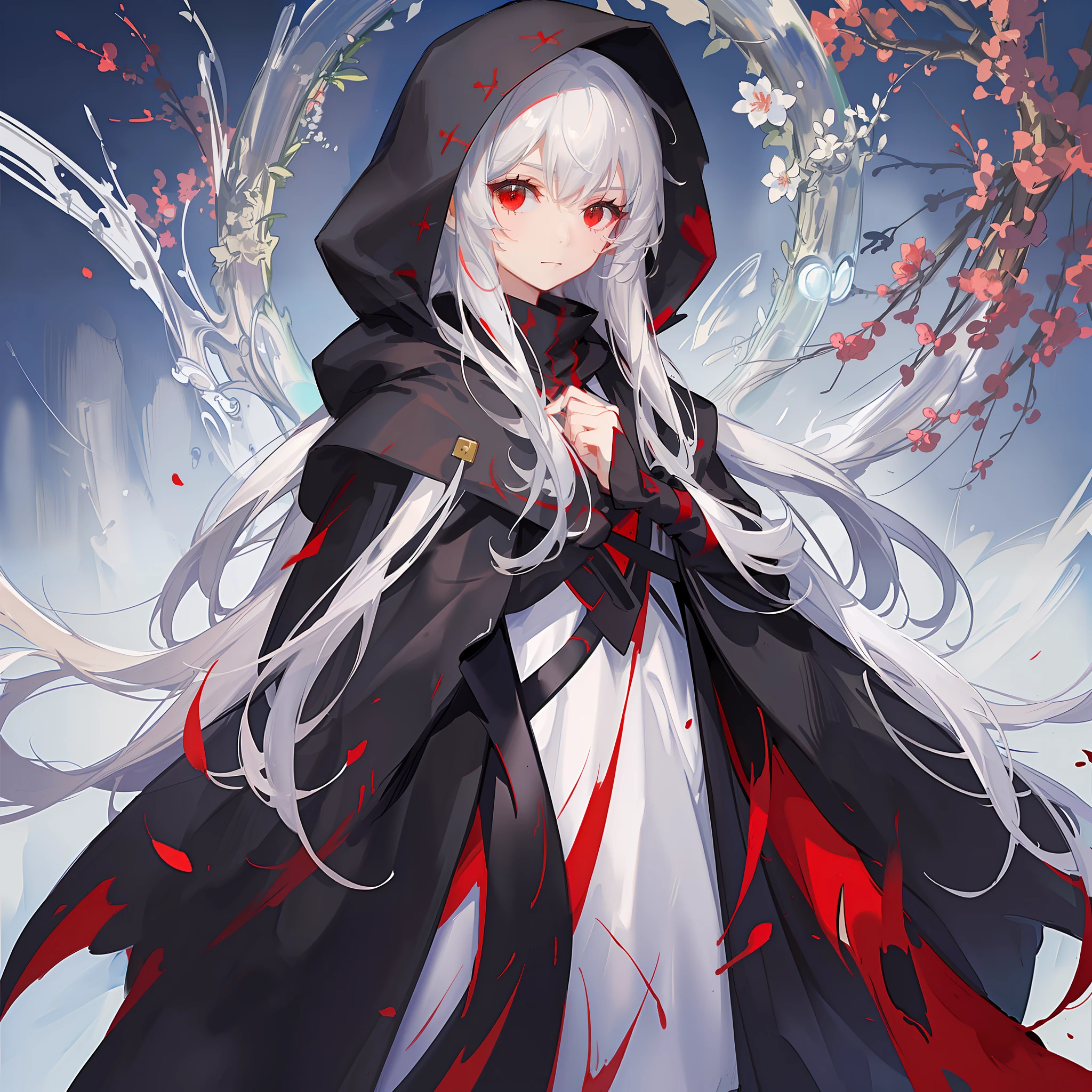 Maiden, round red thread striped road black robe, hood, cape, red eyes, long white hair, white silk, faint smile, standing posture, full body, mage, holy girl