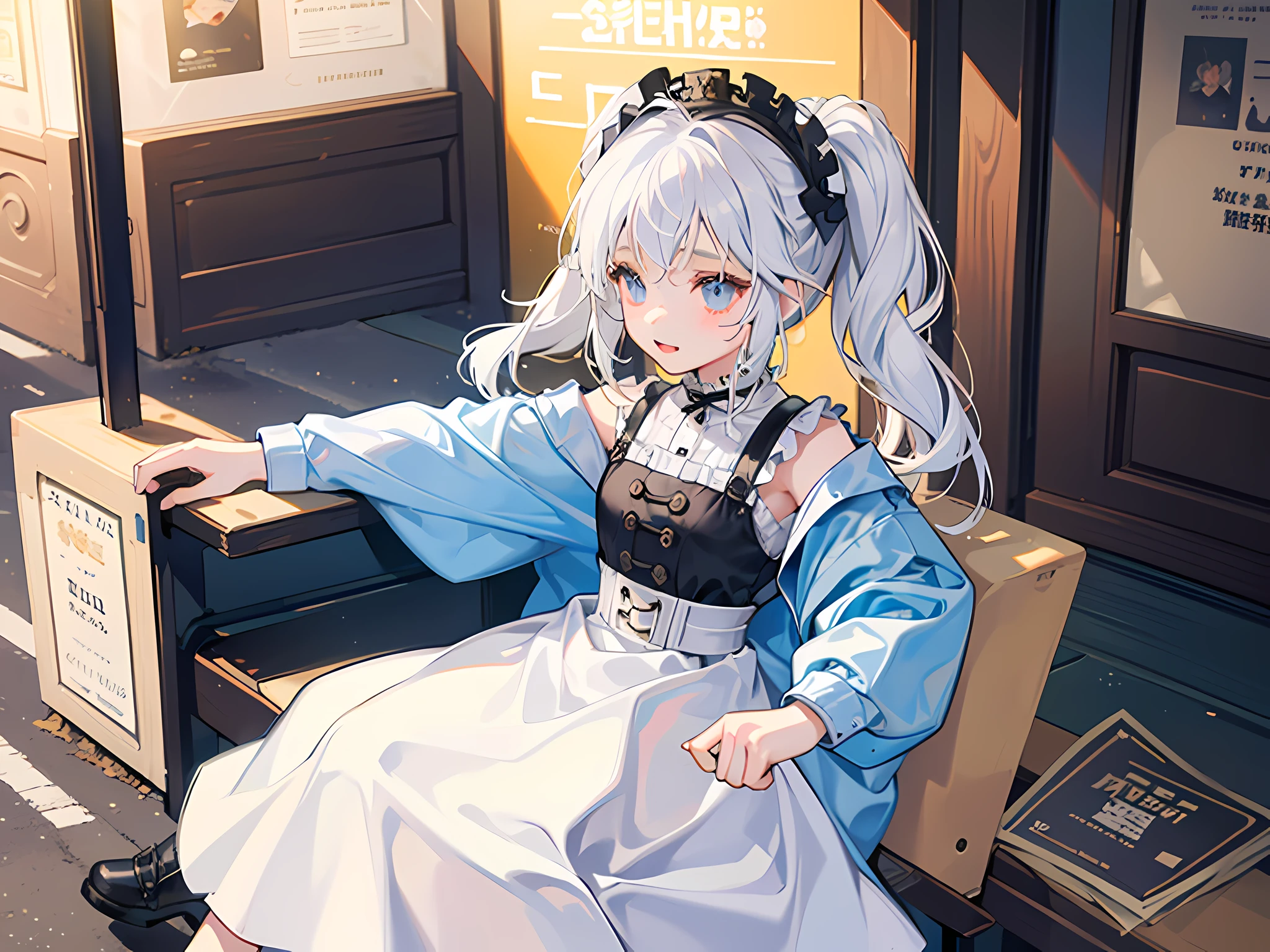 A little girl, on the street, naughty, cute, funny, white hair, sunny during the day, lots of vendors on the street