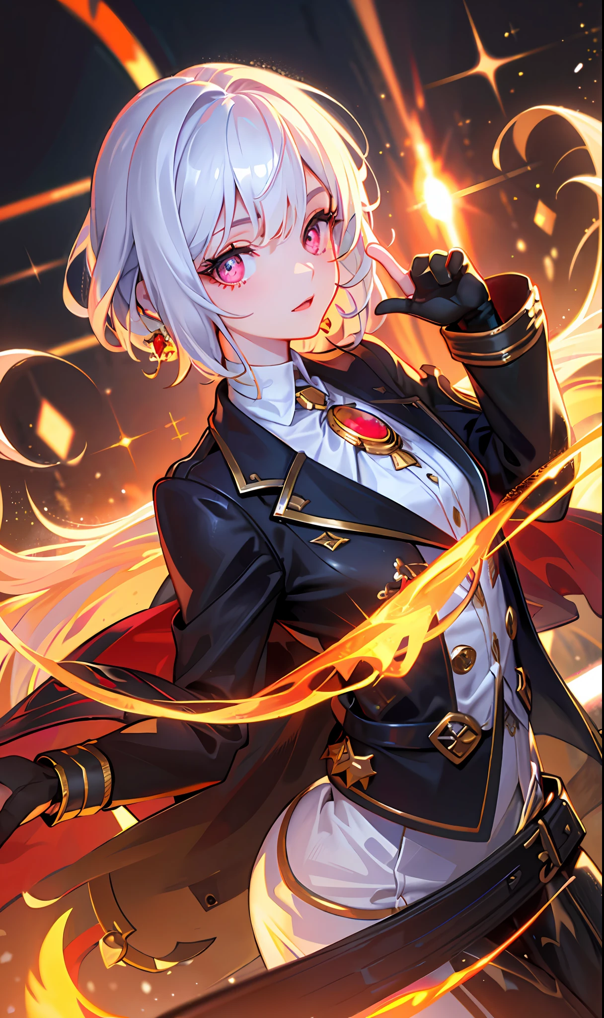 (Masterpiece, Side Light, Fine Beautiful Eyes: 1.2), (Masterpiece* Portrait), Portrait, (Bust), Realistic, 3D Face, Sweet Skin, (Solo), (Close-up of Face), (Fire Opal Like Crimson Eyes), Hanging Corner of the Eye, ((High Detail Skin, Visible Pores)), (Perfect Figure), A Beautiful Girl, Small Tits, (((Wool Jacket)), (Neck Ring), (Short Glove as Short as Half the Palm)