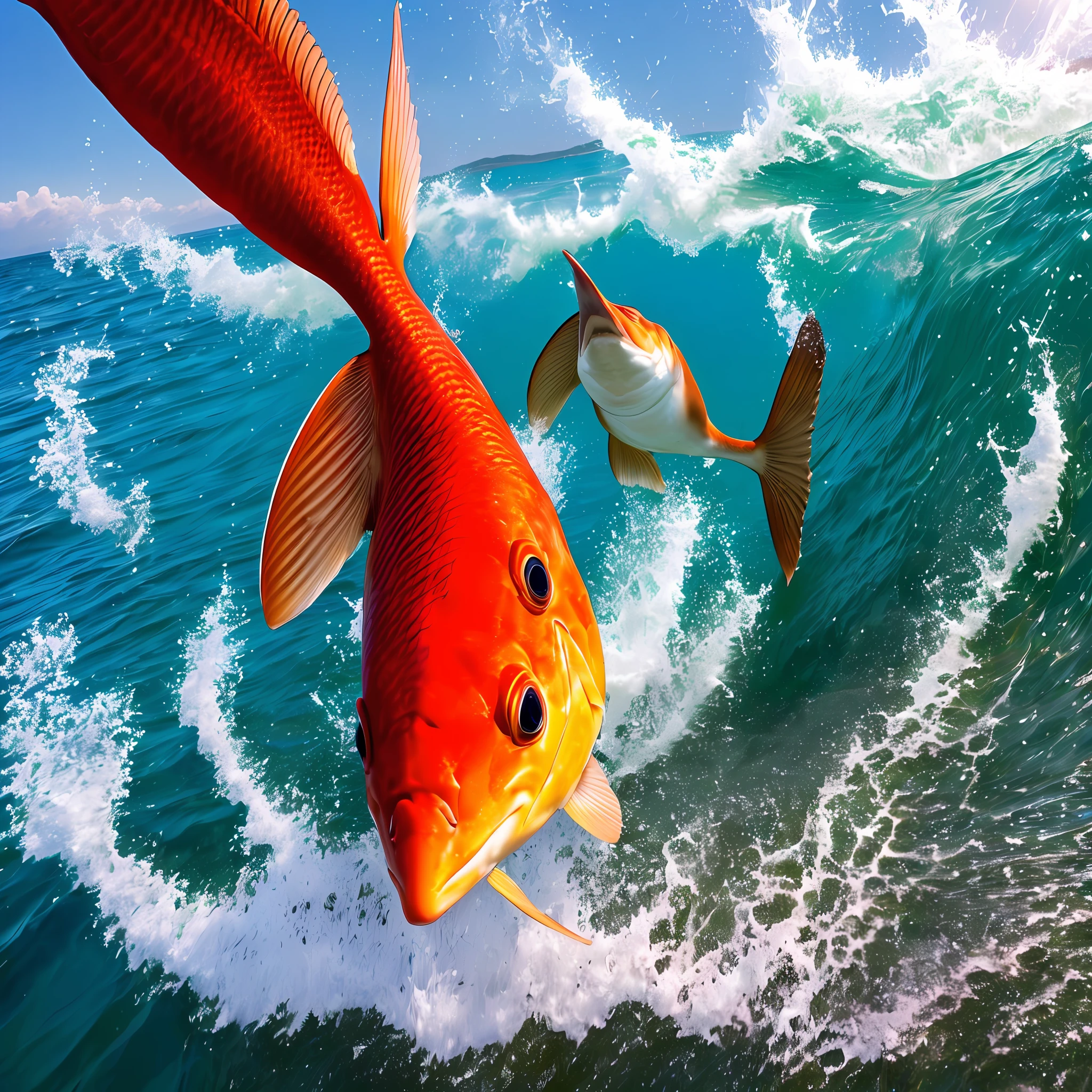 100 red snappers jumping high in the sky from the sea surface on the coastline where the morning sun rises --auto --s2