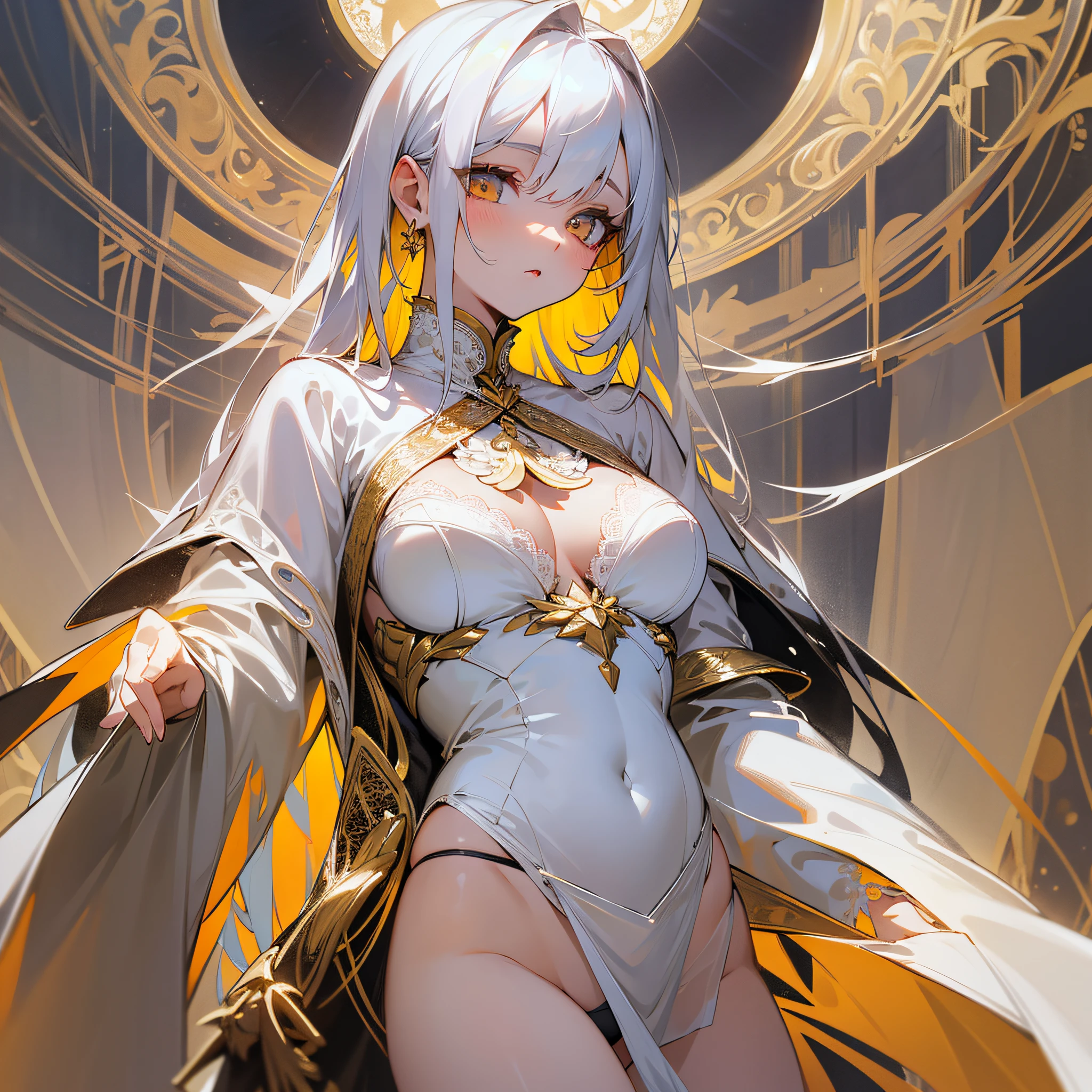 Superb masterpiece, white hair, golden eyes, white clothes, looking up, lower body, panties, fair skin, translucent, lace, black edges --auto --s2