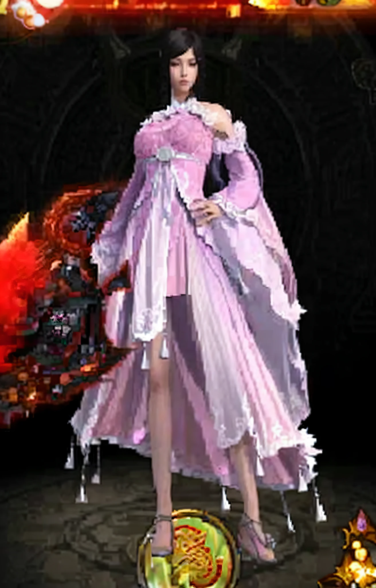 arafed image of a woman in a pink dress standing in front of a dragon, aion, fantasy robe, alluring mesmer woman, full body xianxia, wearing fantasy formal clothing, intricate fantasy robes, blade and soul, lineage 2 revolution style, fantasy outfit, ornate flowing robe, heise jinyao, fantasy dress, from lineage 2