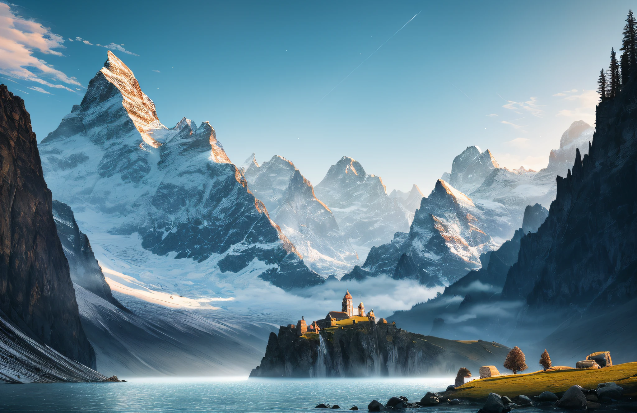 An award-winning photograph of a beautiful landscape, with [Mountainous Horizon], (Light), Waterfall, Magnificent, Luxurious, Detail, Clear Focus, Low Angle, High Detail, Volume, Illustration, Cold Light, by Jordan Grimmer and Greg Rutkowski, Trends on Artstation, Style-Swiss