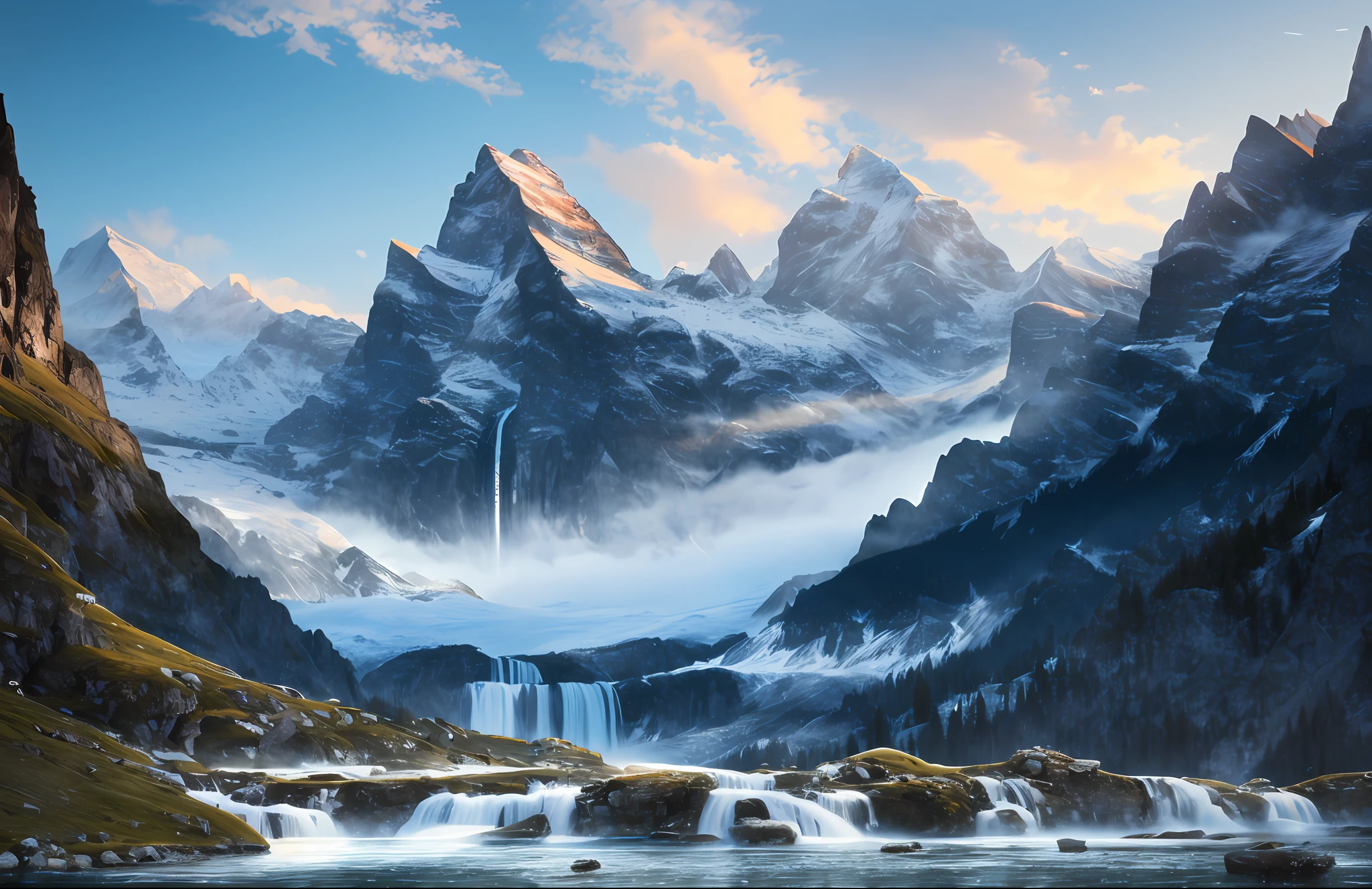 An award-winning photograph of a beautiful landscape, with [Mountainous Horizon], (Light), Waterfall, Magnificent, Luxurious, Detail, Clear Focus, Low Angle, High Detail, Volume, Illustration, Cold Light, by Jordan Grimmer and Greg Rutkowski, Trends on Artstation, Style-Swiss