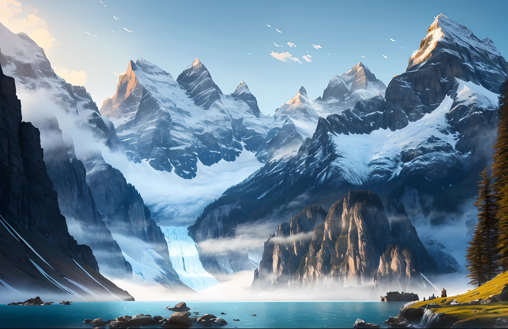 An award-winning photograph of a beautiful landscape, with [Mountainous Horizon], (Light), Waterfall, Magnificent, Luxurious, Detail, Clear Focus, Low Angle, High Detail, Volume, Illustration, Cold Light, by Jordan Grimmer and Greg Rutkowski, Trends on Artstation, Style-Swiss