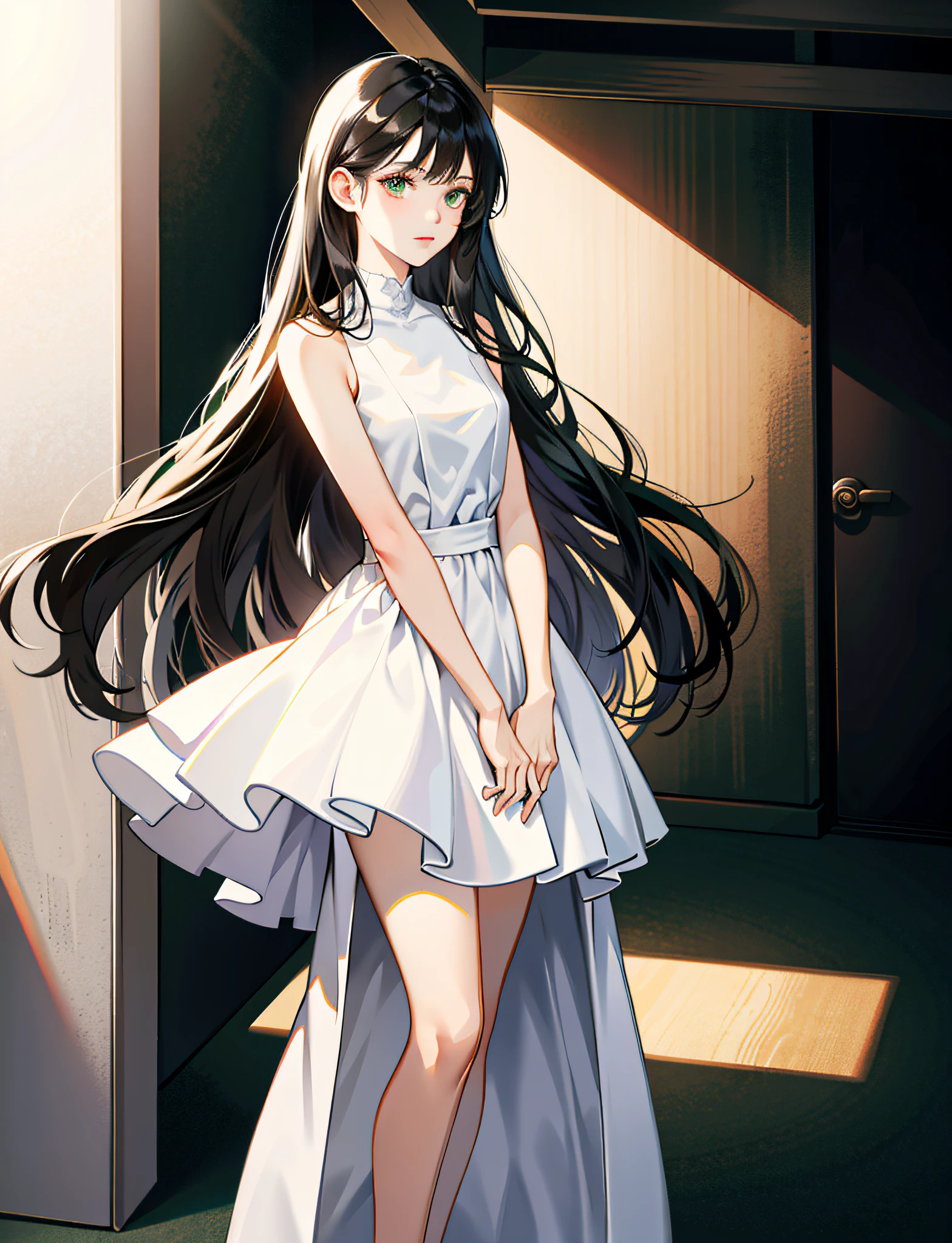 Masterpiece, best quality, high resolution, painting, 1 girl, long jet black hair at shoulder height, discolored bangs lock, voluminous straight hair, green eyes, elegant, (white dress), background: standing in the hallway