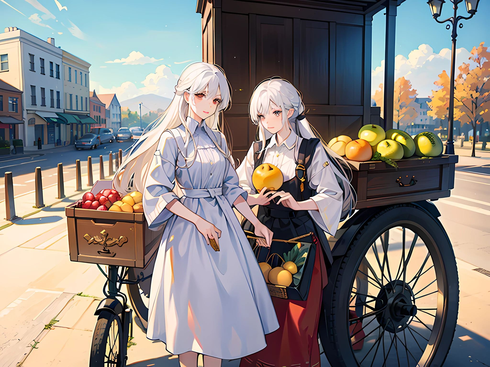 A woman with long white hair, pulling a fruit cart, on the street, many shops around, during the day, the sun is shining